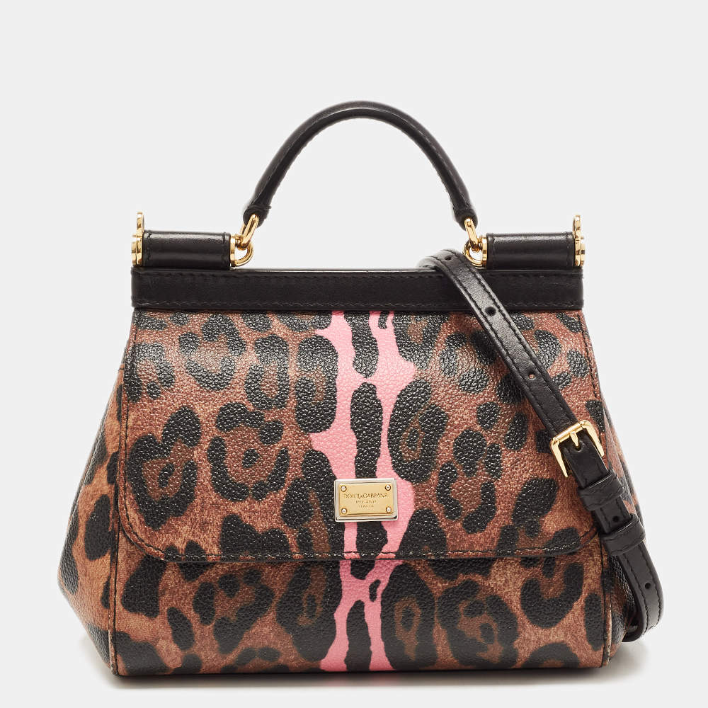 Pre Owned Dolce & Gabbana Black/Brown Leopard Print Coated Canvas Small Sicily Top Handle Bag