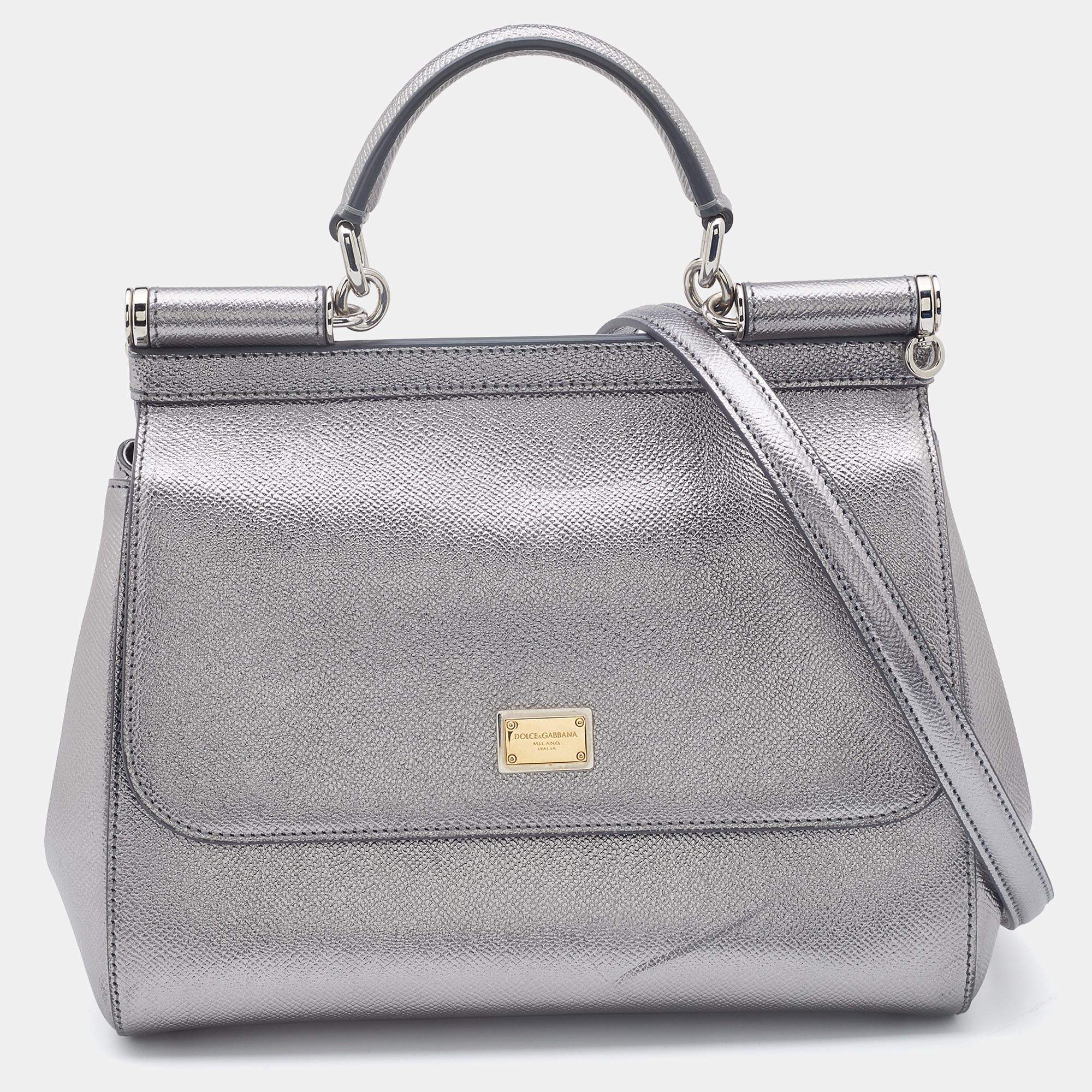 Pre Owned Dolce & Gabbana Silver Leather Medium Miss Sicily Top Handle Bag