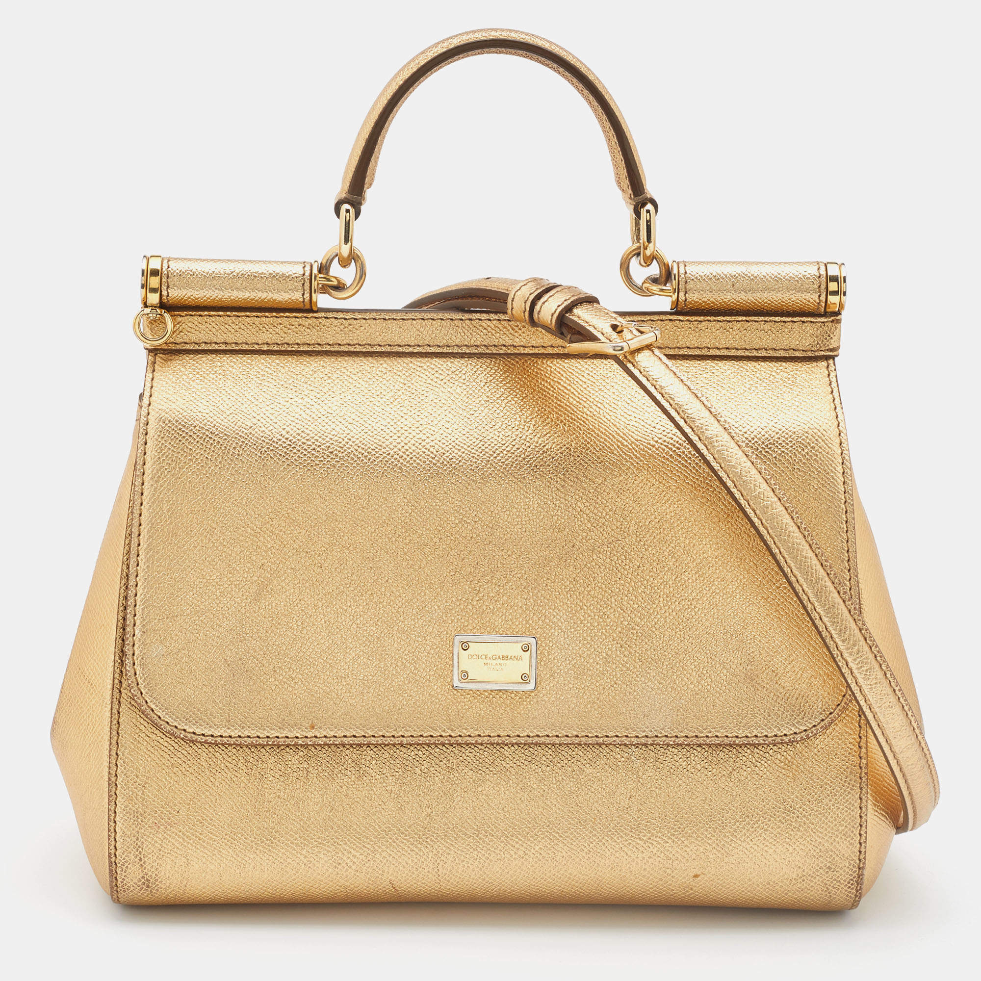 Pre Owned Dolce & Gabbana Gold Leather Medium Miss Sicily Top Handle Bag