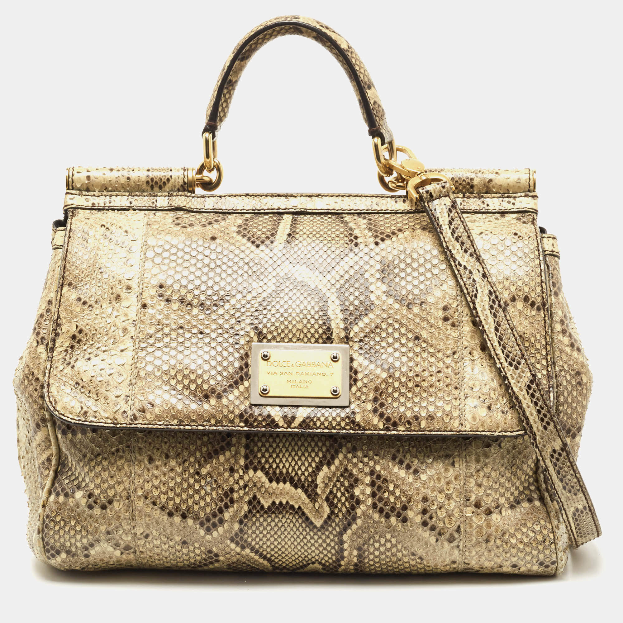 Pre Owned Dolce & Gabbana Cream Python Large Miss Sicily Top Handle Bag