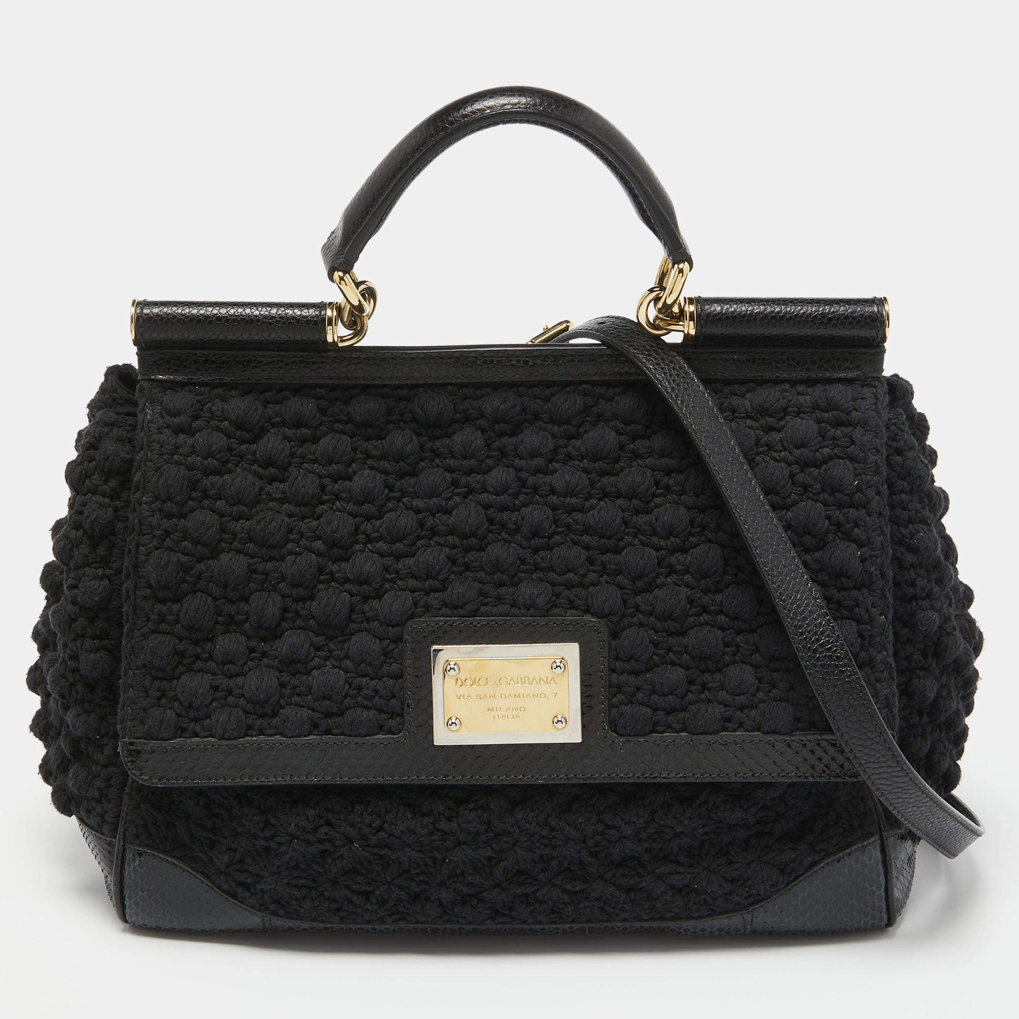 Pre Owned Dolce & Gabbana Black Crochet and Watersnake Large Miss Sicily Top Handle Bag
