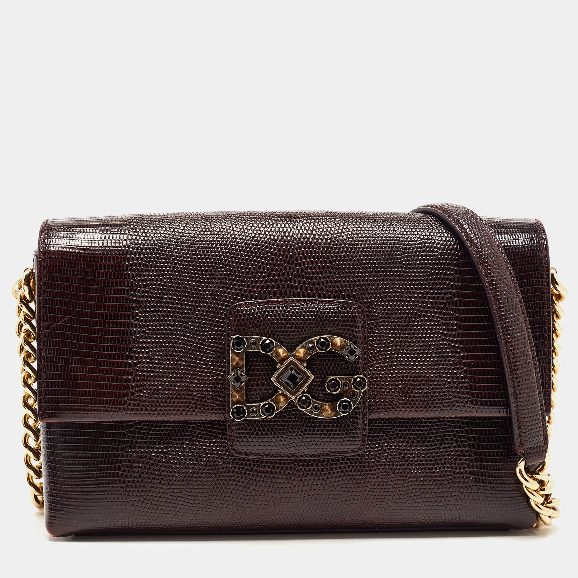 Pre Owned Dolce & Gabbana Dark Burgundy Lizard Embossed Leather DG Millennials Shoulder Bag