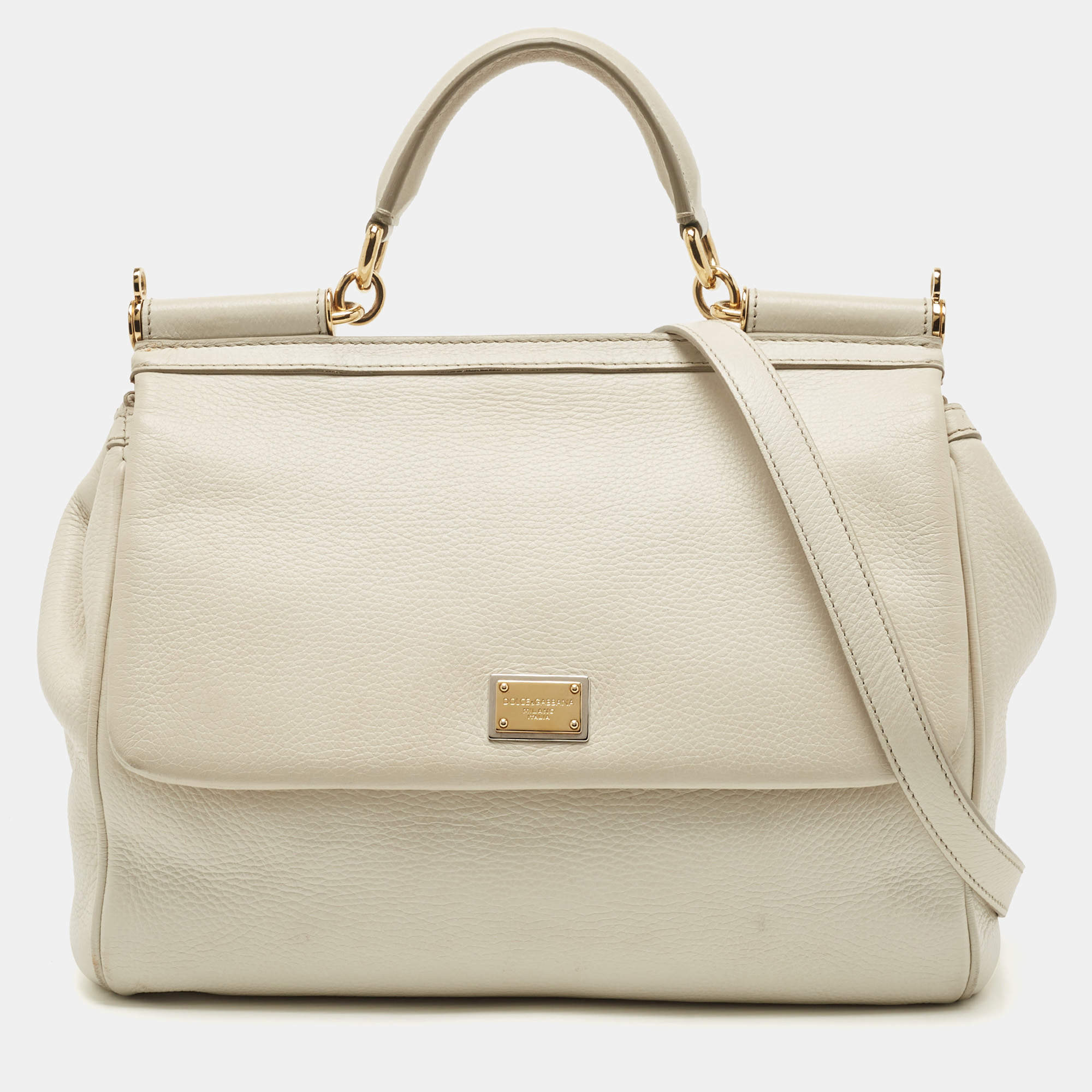 Pre Owned Dolce & Gabbana Off White Leather Large Miss Sicily Top Handle Bag