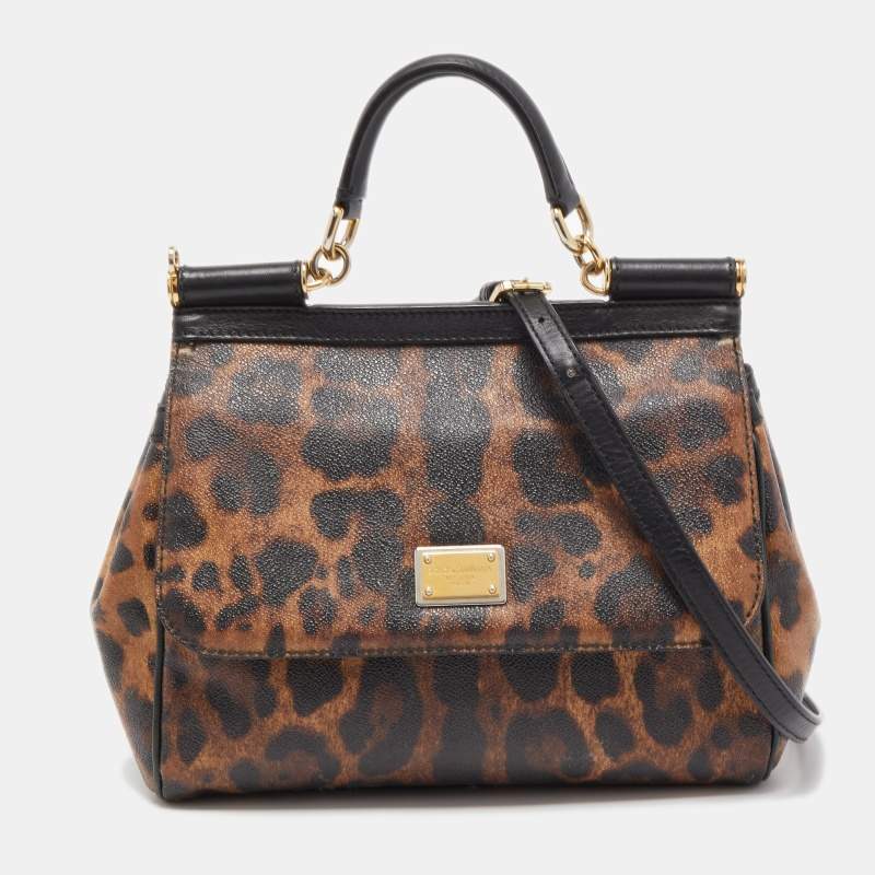 Pre Owned Dolce & Gabbana Brown/Black Leopard Print Coated Canvas and Leather Medium Miss Sicily Top Handle Bag