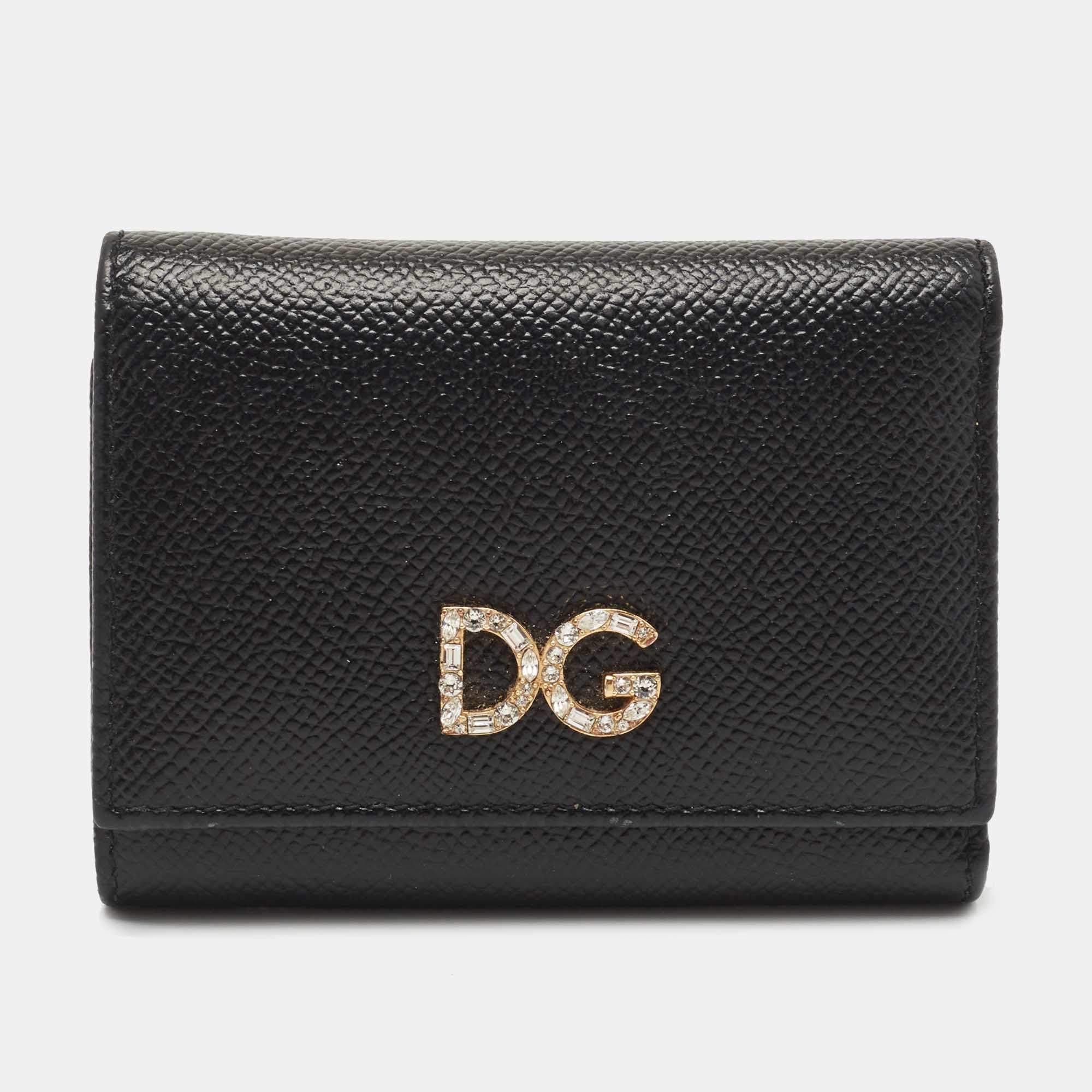 Pre Owned Dolce & Gabbana Black Leather DG Crystals Trifold Wallet