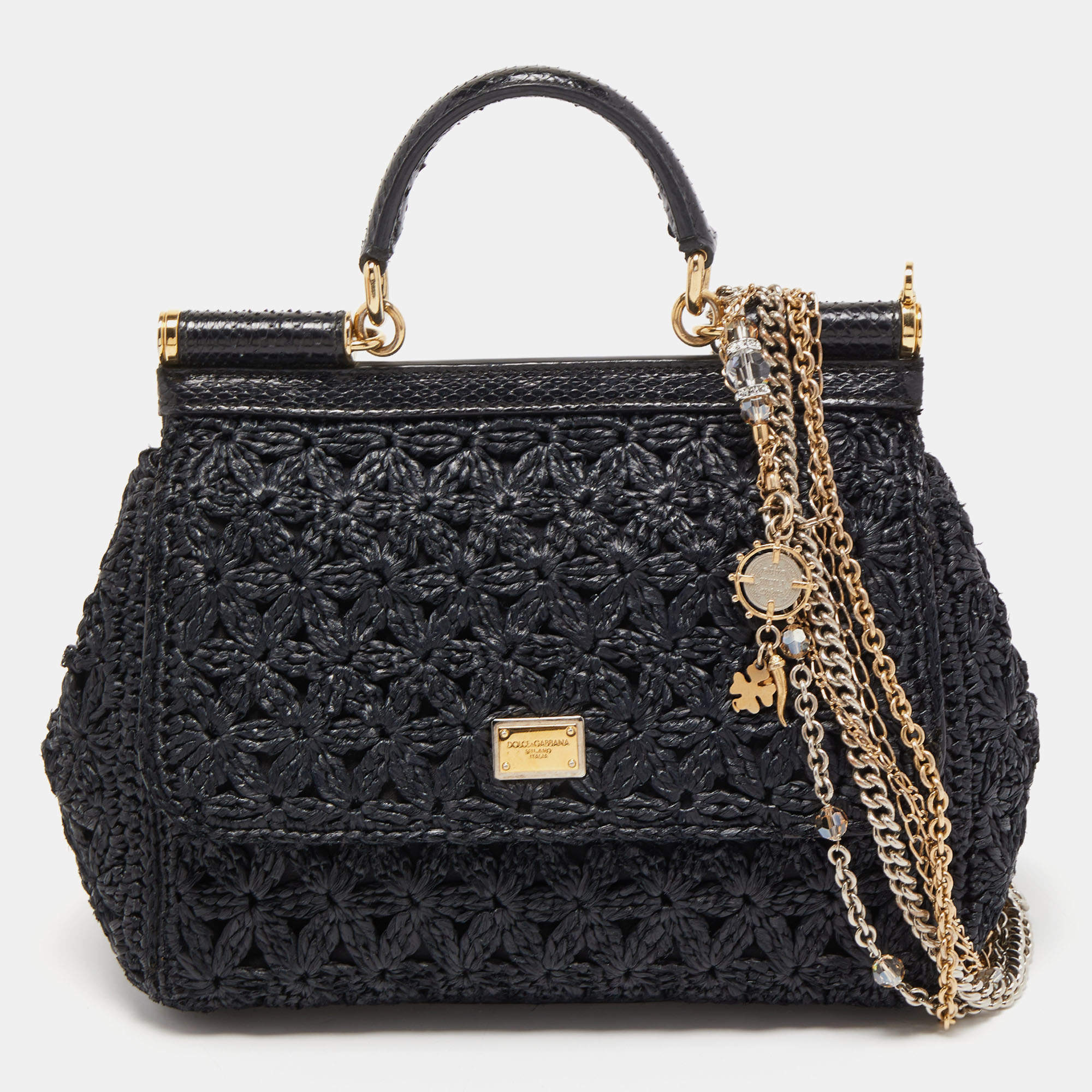 Pre Owned Dolce & Gabbana Black Crochet Raffia and Snakeskin Leather Medium Miss Sicily Top Handle Bag