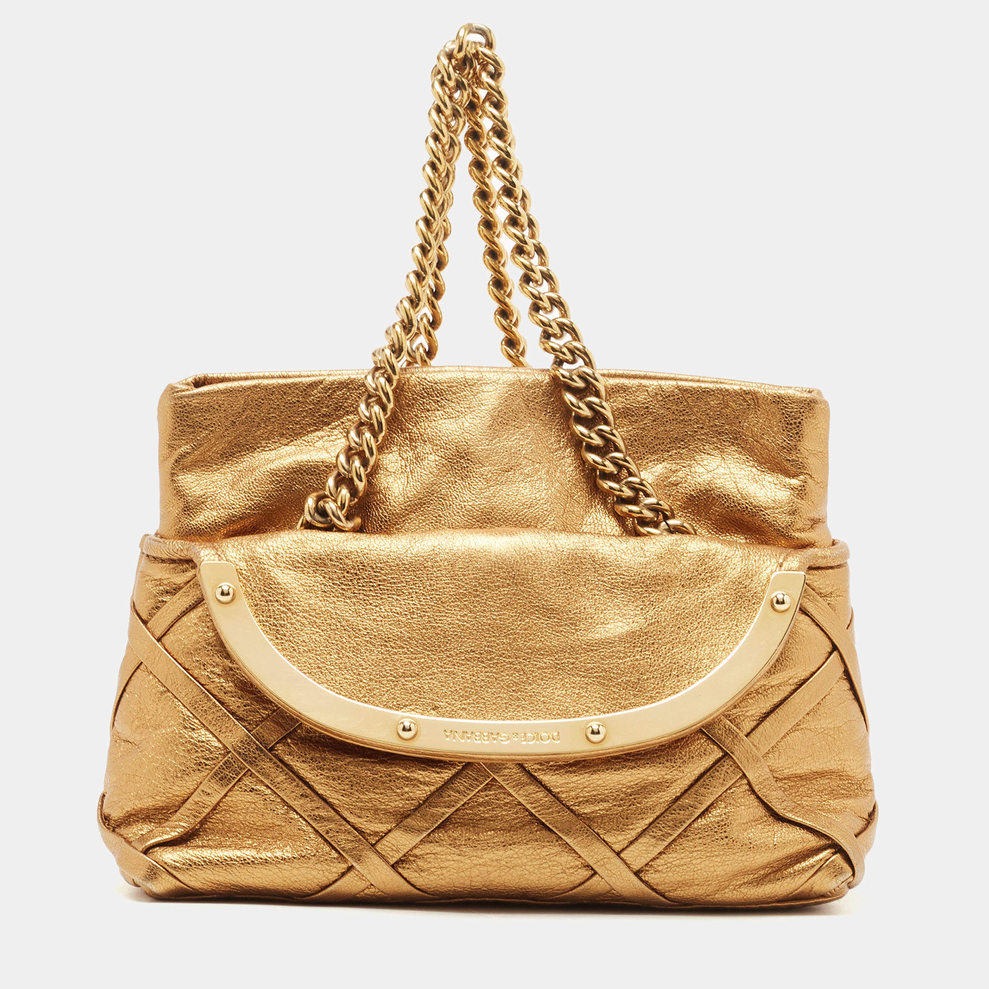 Pre Owned Dolce & Gabbana Gold Leather Miss Camp Chain Clutch 