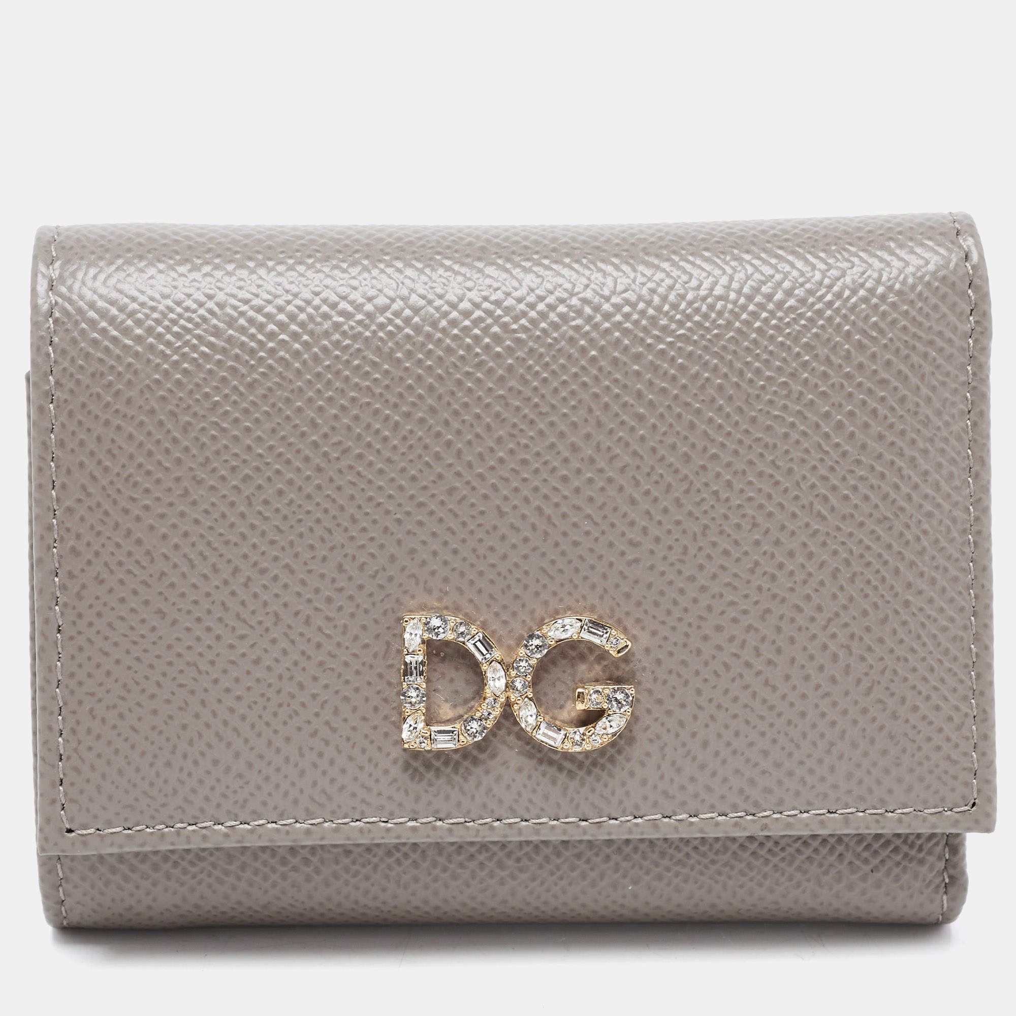 Dolce & Gabbana Beige Leather DG Crystals Trifold Wallet