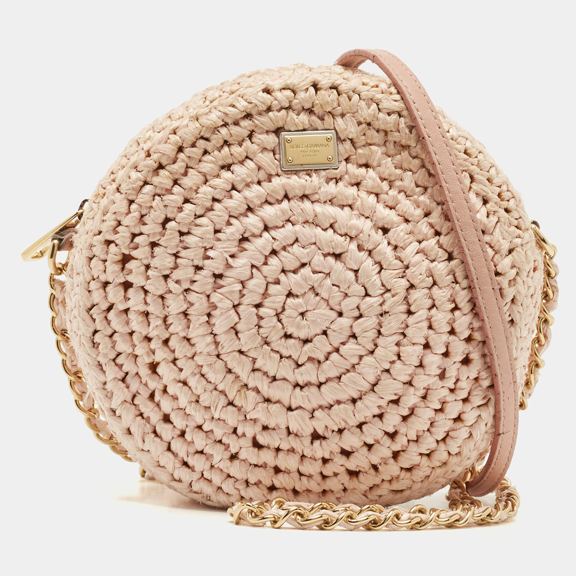 Pre Owned Dolce & Gabbana Pink Straw Glam Round Crossbody Bag