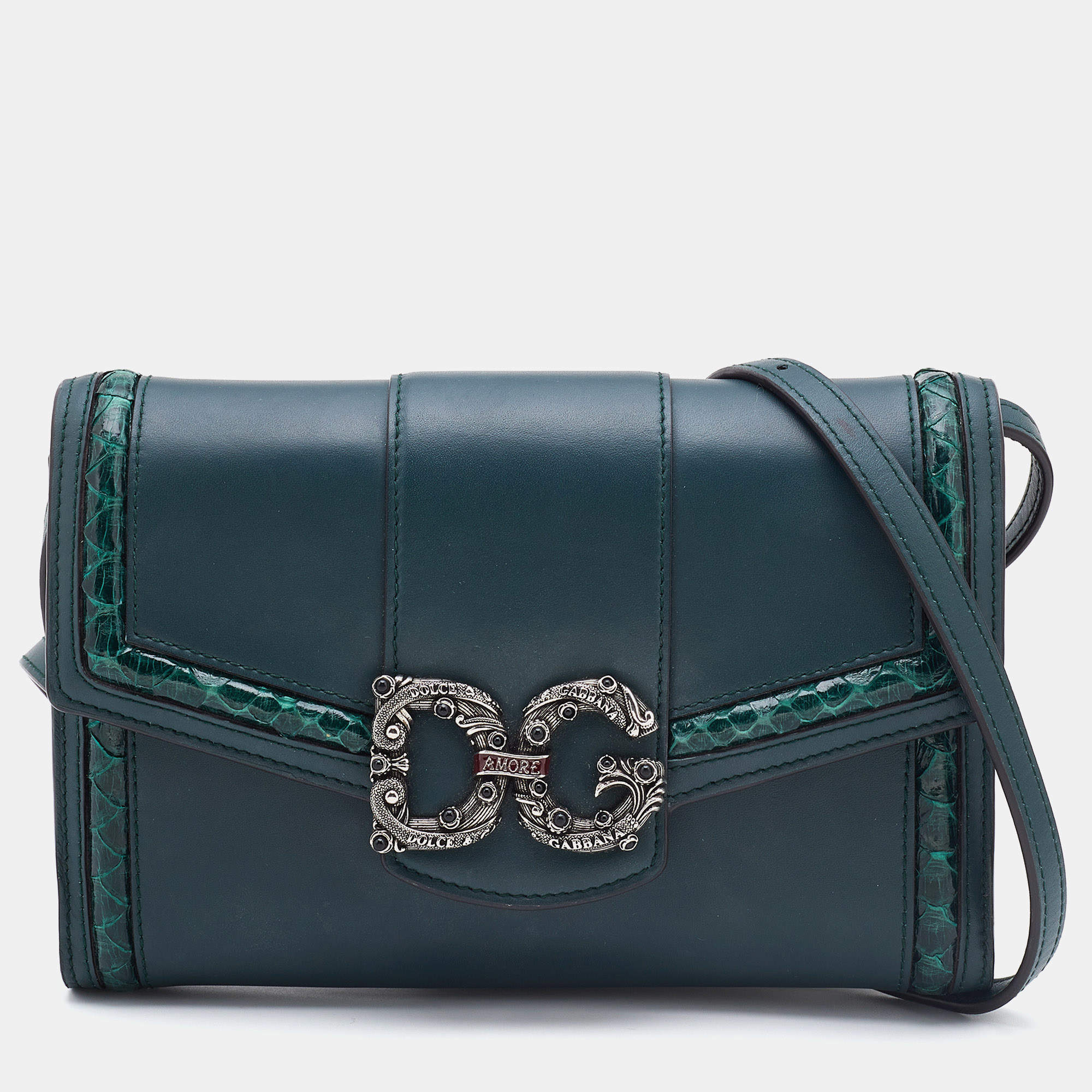 Pre Owned Dolce & Gabbana Green Leather and Python DG Amore Crossbody Bag