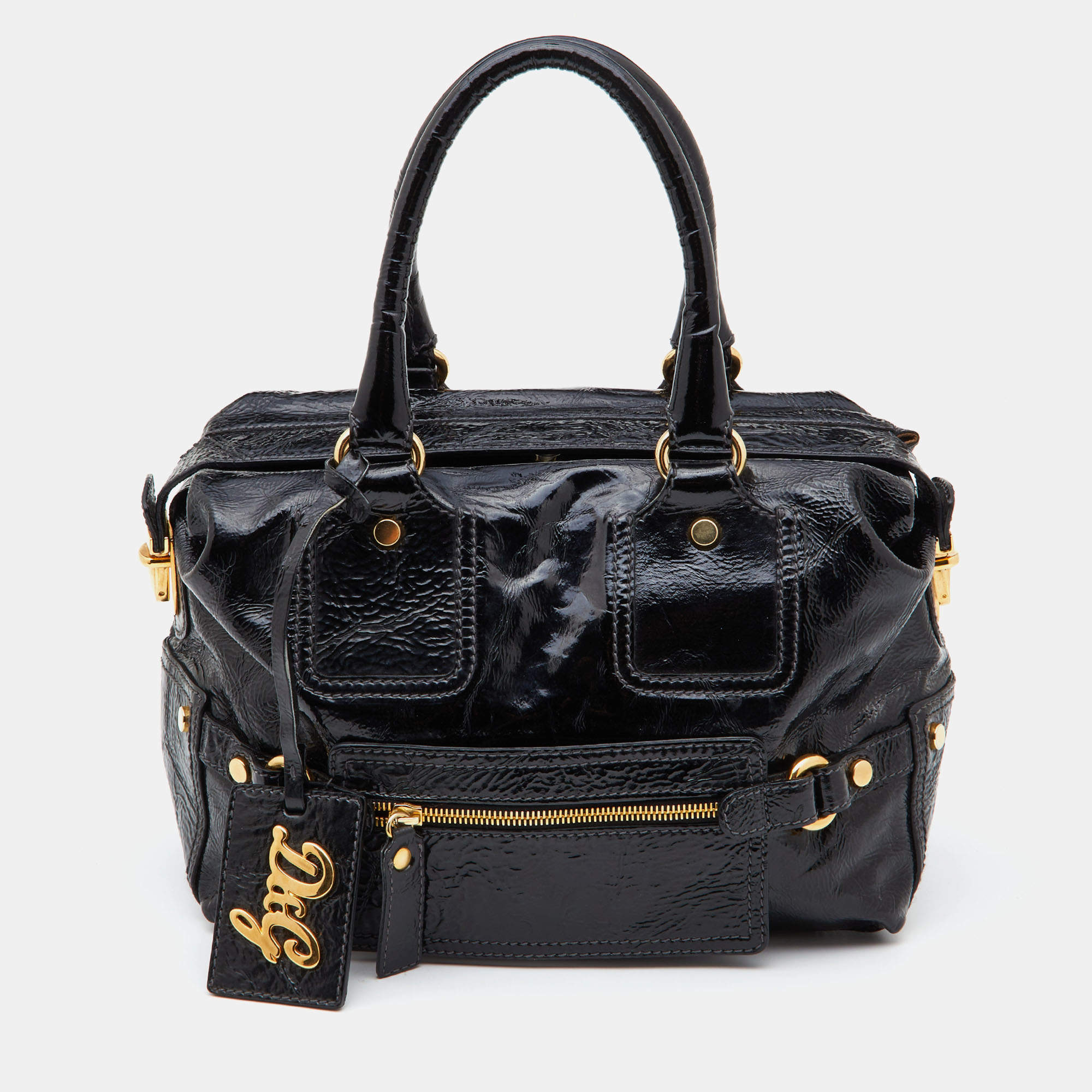 Pre Owned D&G Black Patent Leather Frame Front Pocket Bag