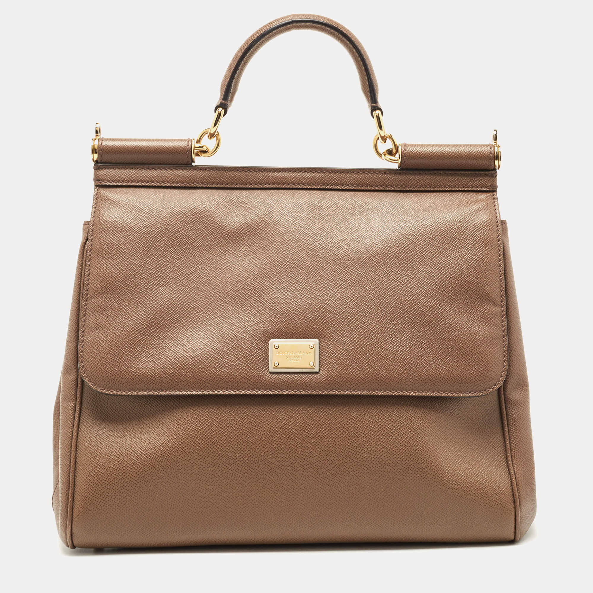 Pre Owned Dolce & Gabbana Beige Leather Large Miss Sicily Top Handle Bag