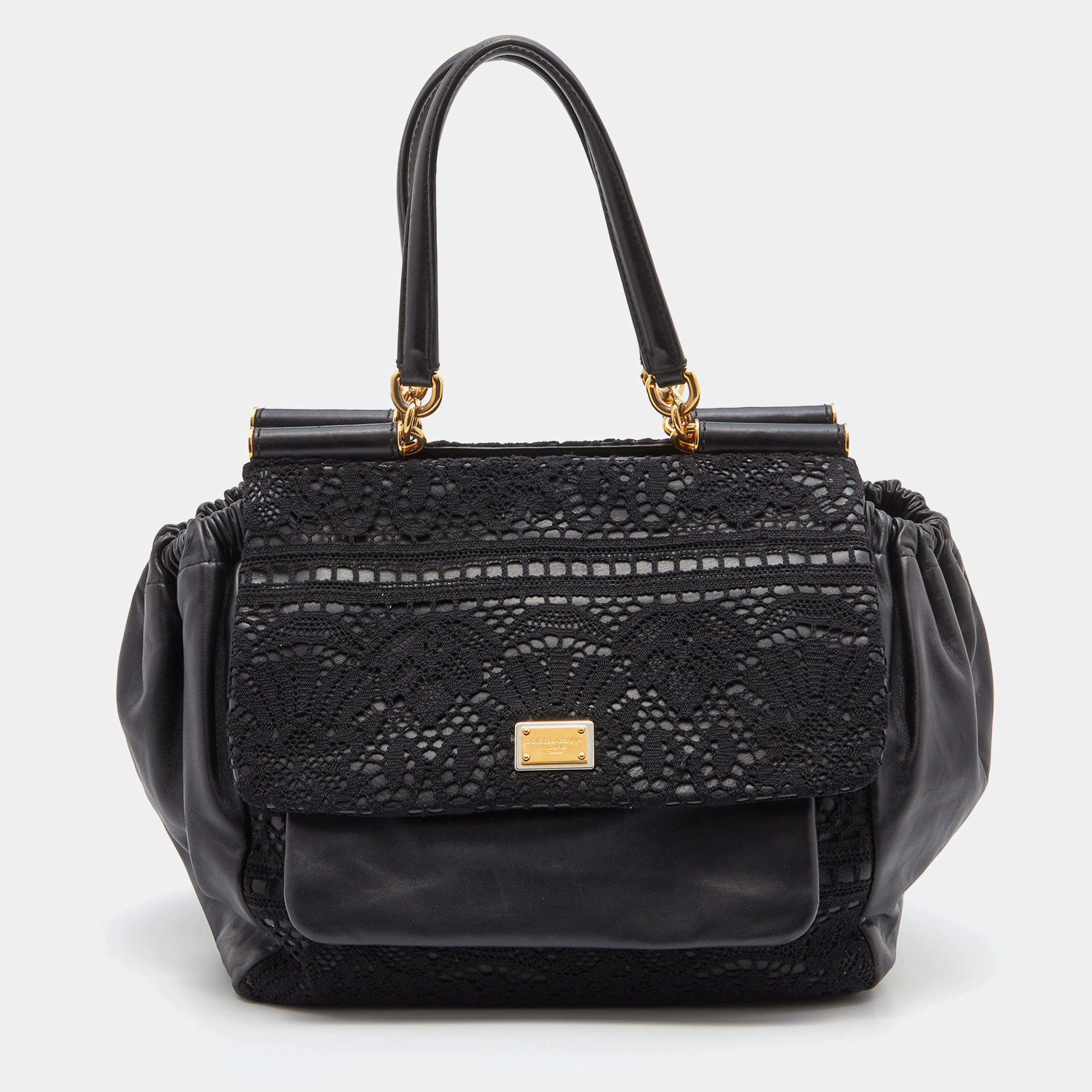 Pre Owned Dolce & Gabbana Black Lace and Leather Miss Sicily Top Handle Bag