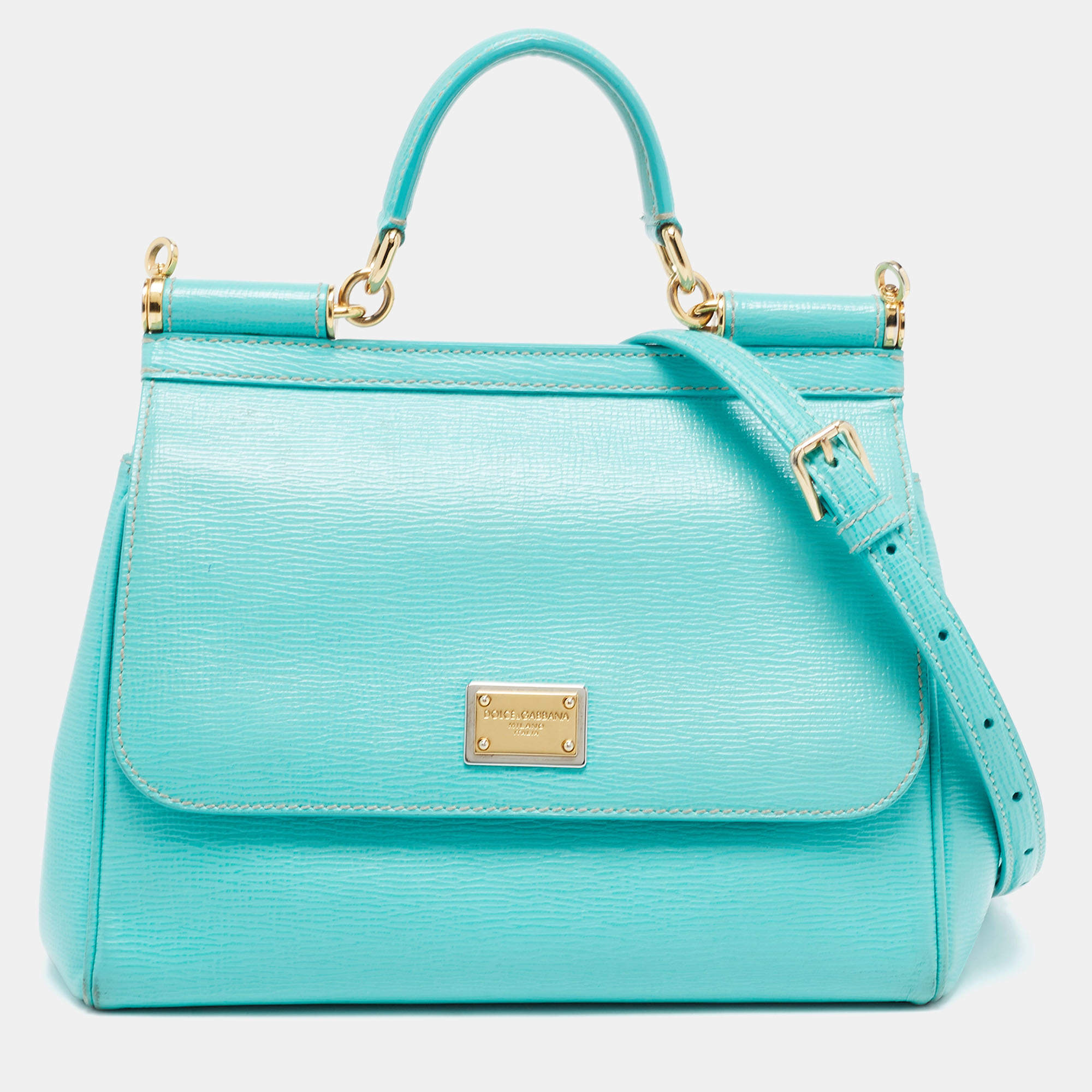 Pre Owned Dolce & Gabbana Turquoise Green Leather Medium Miss Sicily Top Handle Bag