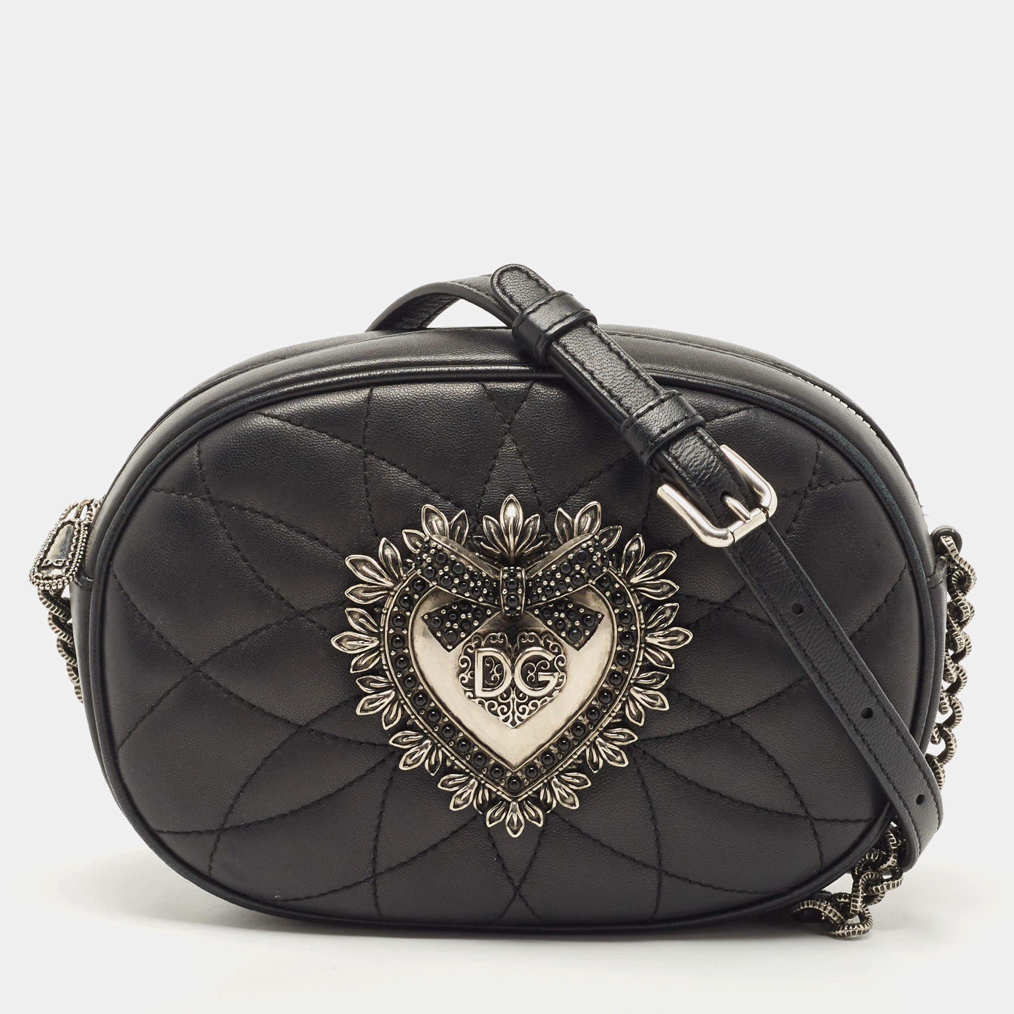 Pre Owned Dolce & Gabbana Black Matelasse Leather Devotion Camera Crossbody Bag