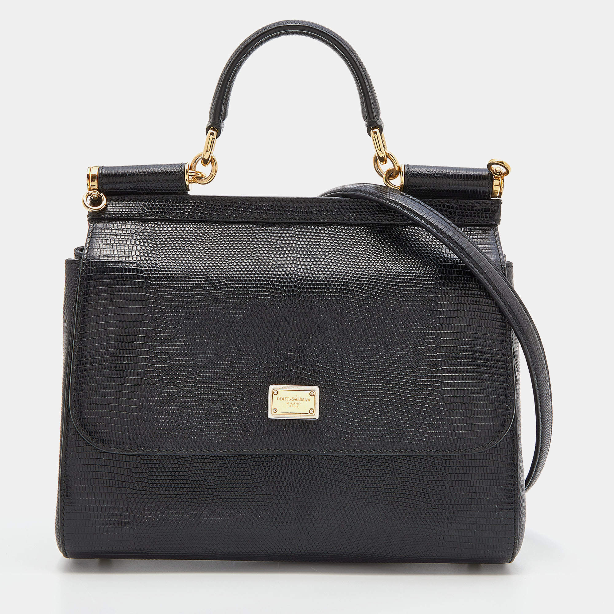 Pre Owned Dolce & Gabbana Black Lizard Embossed Leather Medium Miss Sicily Top Handle Bag with Wallet