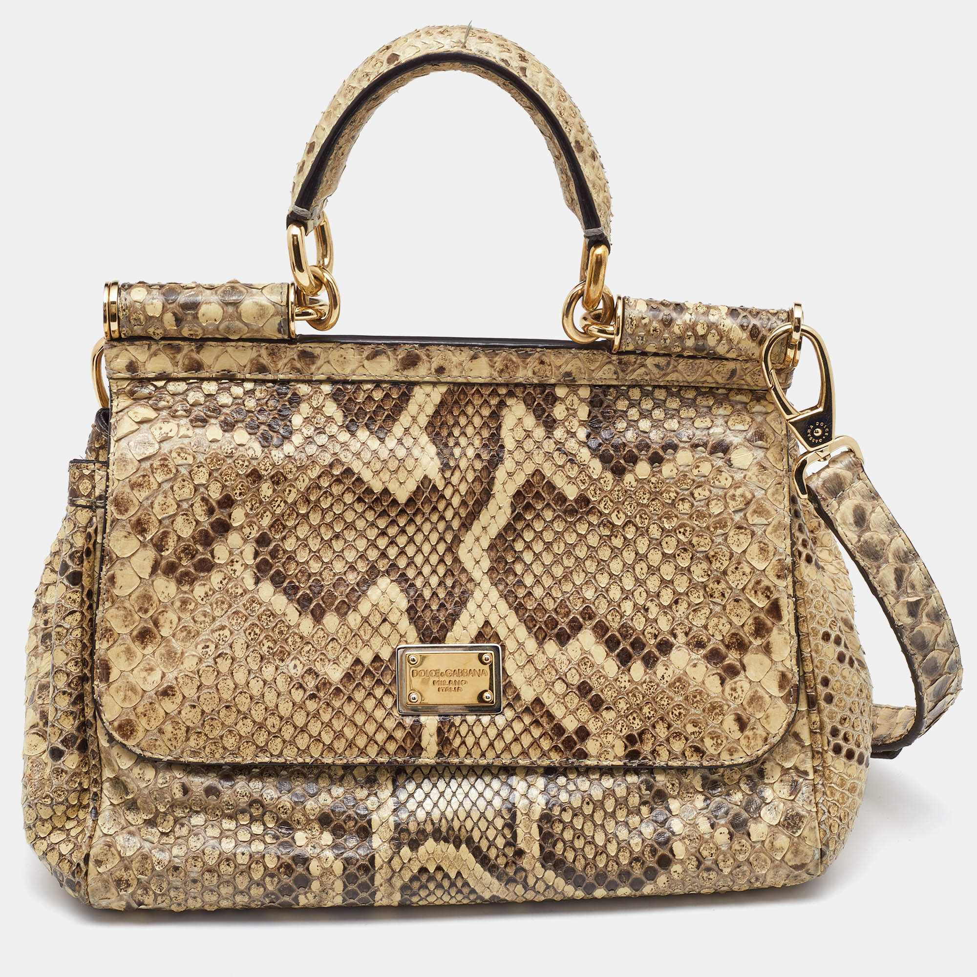 مملوكة مسبقًا Dolce & Gabbana Beige/Brown Python Medium Miss Sicily Top Handle Bag