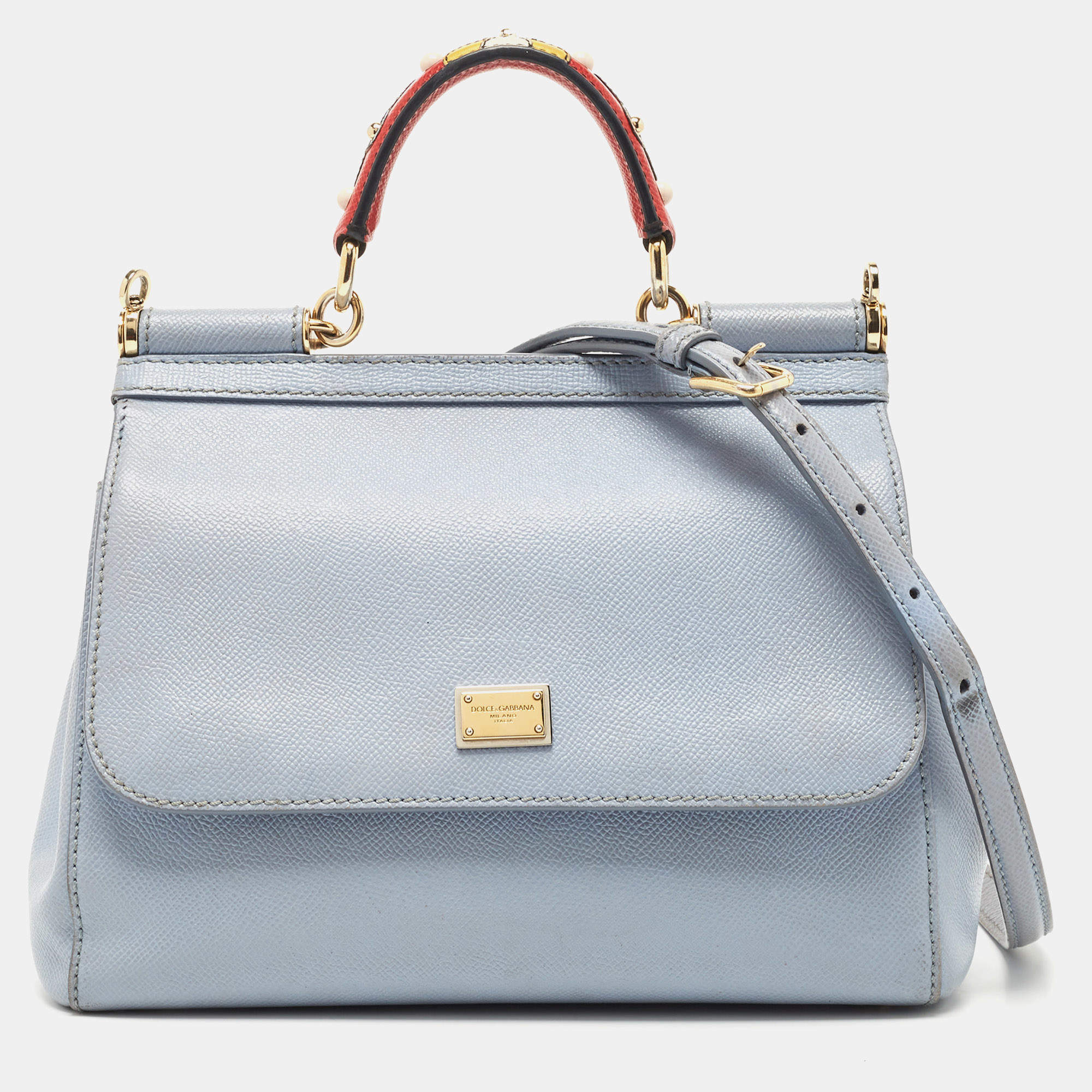 Pre Owned Dolce & Gabbana Pale Blue Leather Medium Miss Sicily Top Handle Bag