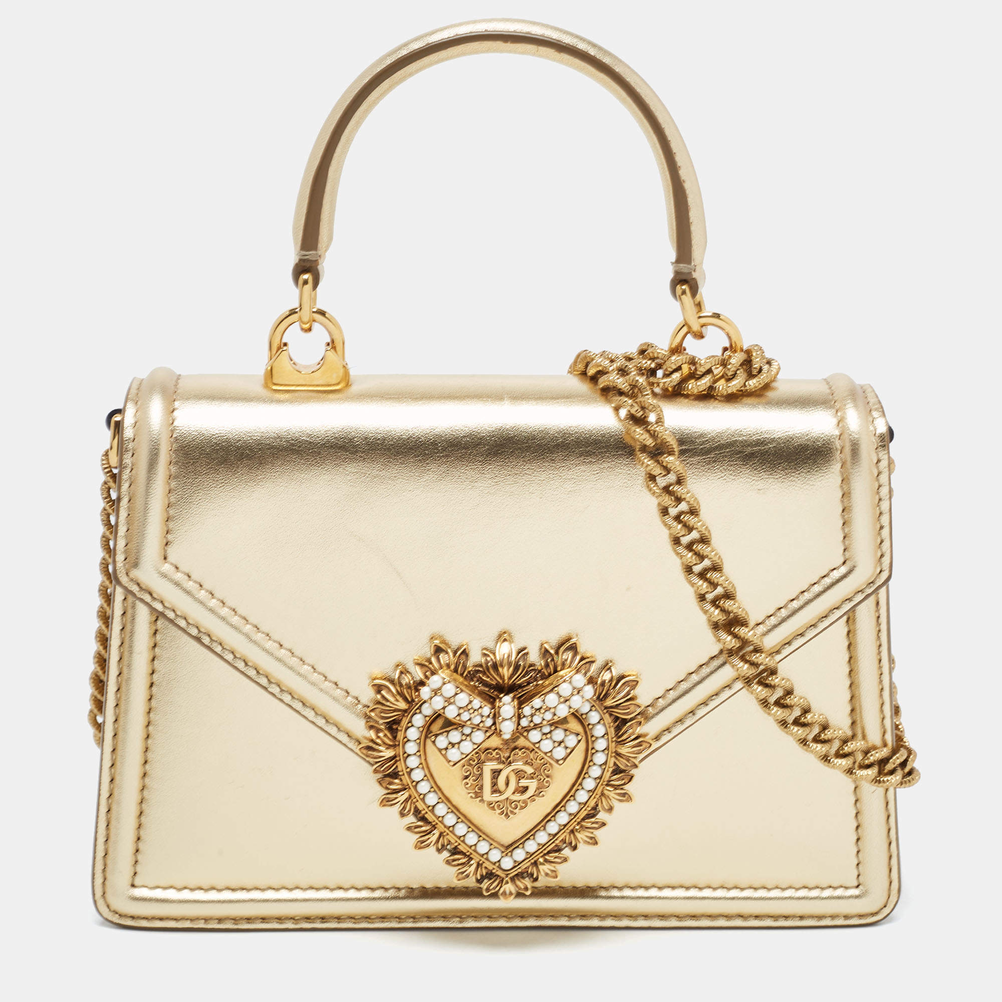 Pre Owned Dolce & Gabbana Gold Leather Small Devotion Top Handle Bag