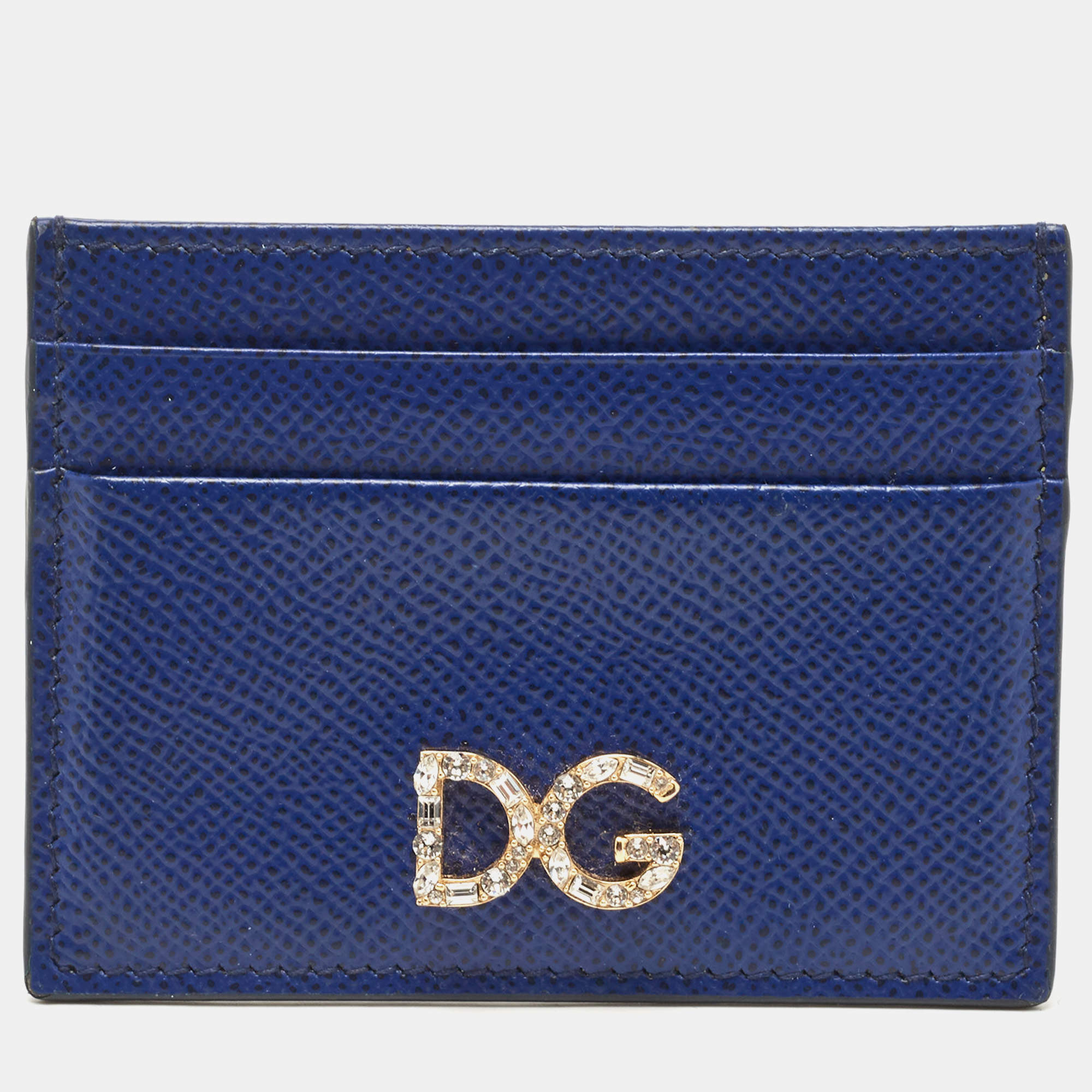 Dolce & Gabbana Blue Leather DG Crystal Logo Card Holder