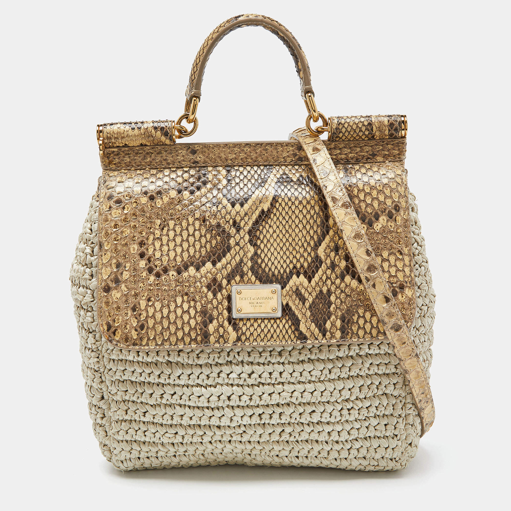 Pre Owned Dolce & Gabbana Beige Python and Raffia Miss Sicily Top Handle Bag