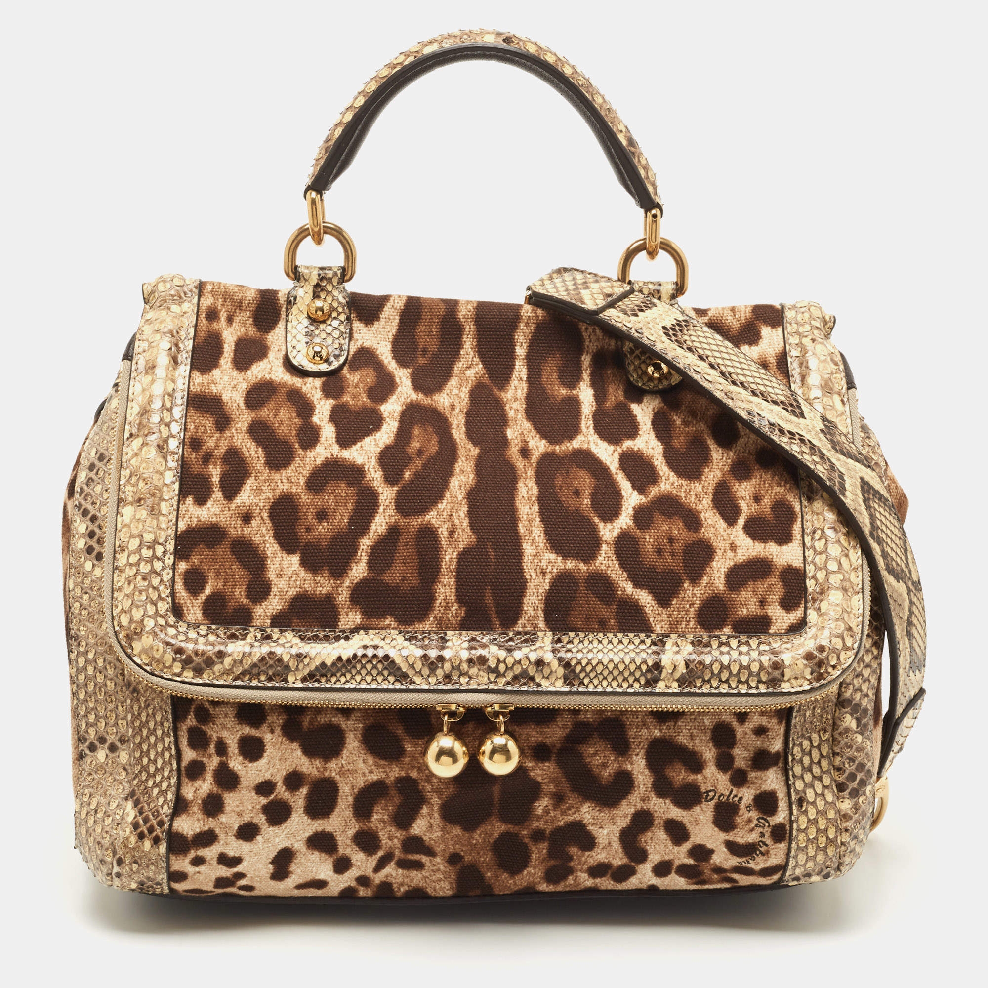 Pre Owned Dolce & Gabbana Brown Leopard Print Canvas & Python Skin Leather Sicily Shoulder Bag
