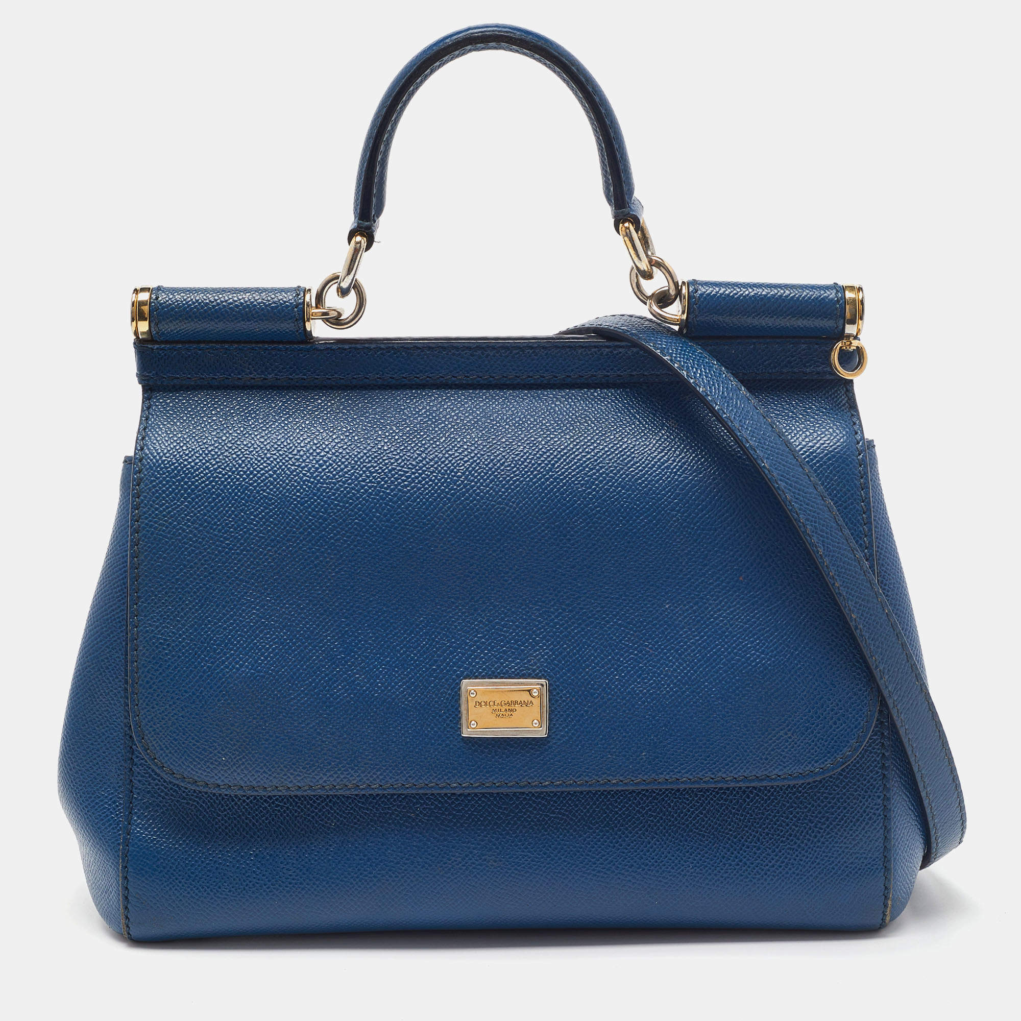 Pre Owned Dolce & Gabbana Blue Leather Medium Miss Sicily Top Handle Bag