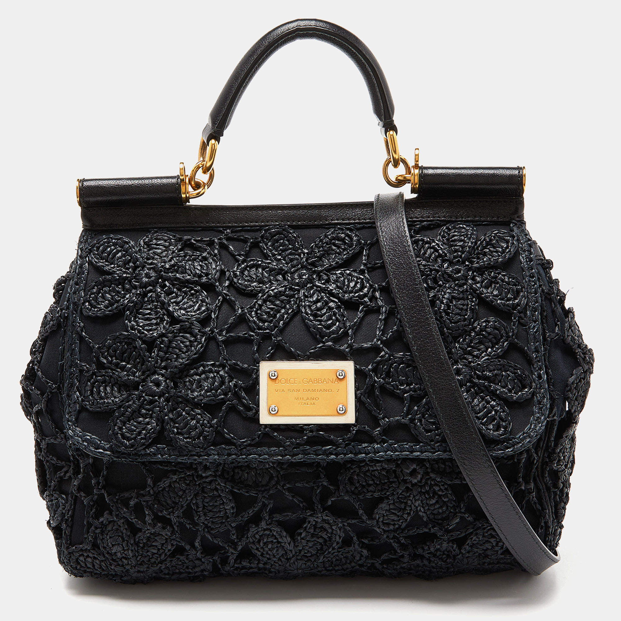 Pre Owned Dolce & Gabbana Black Crochet Raffia and Leather Large Miss Sicily Top Handle Bag