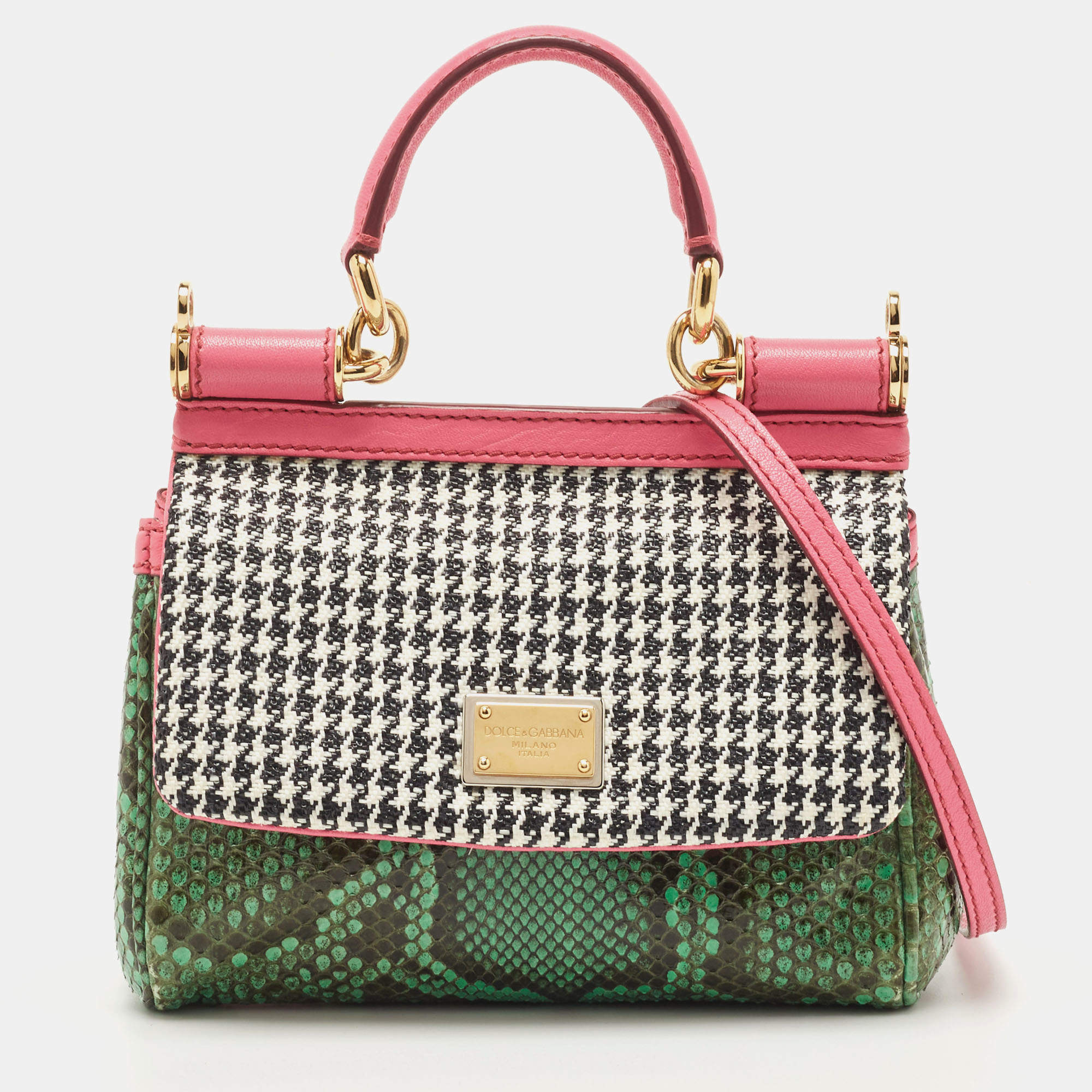 Pre Owned Dolce & Gabbana Multicolor Woven Straw, Leather and Python Small Miss Sicily Top Handle Bag