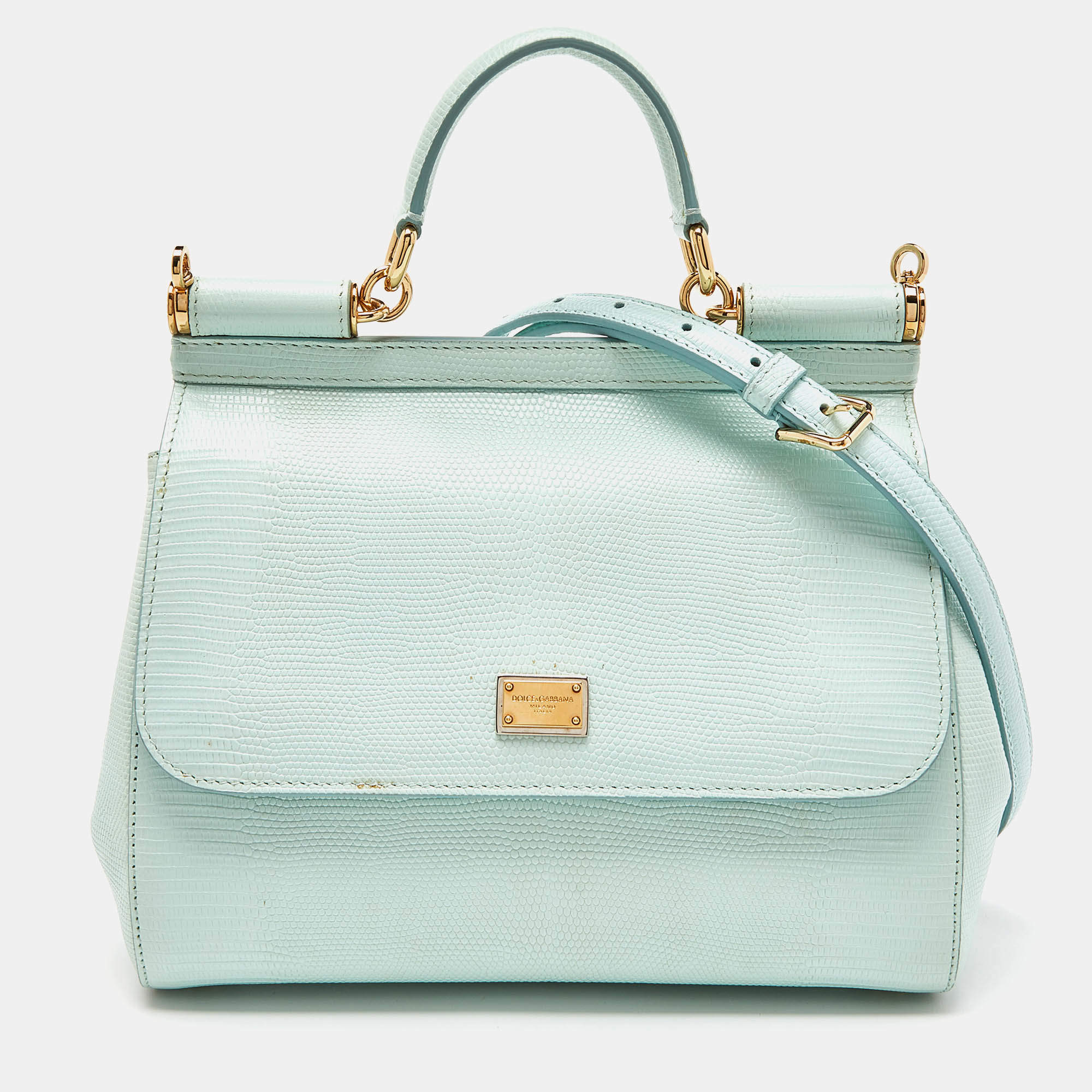 Pre Owned Dolce & Gabbana Green Iguana Embossed Leather Medium Miss Sicily Top Handle Bag