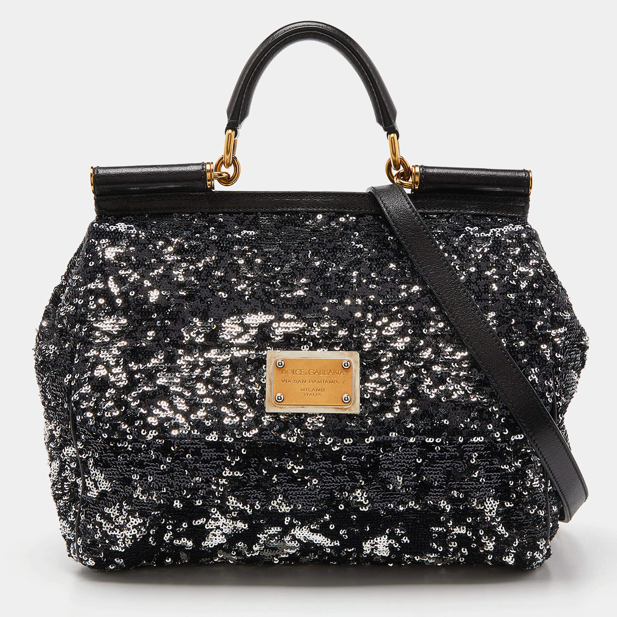Pre Owned Dolce & Gabbana Black Sequin and Leather Large Miss Sicily Top Handle Bag