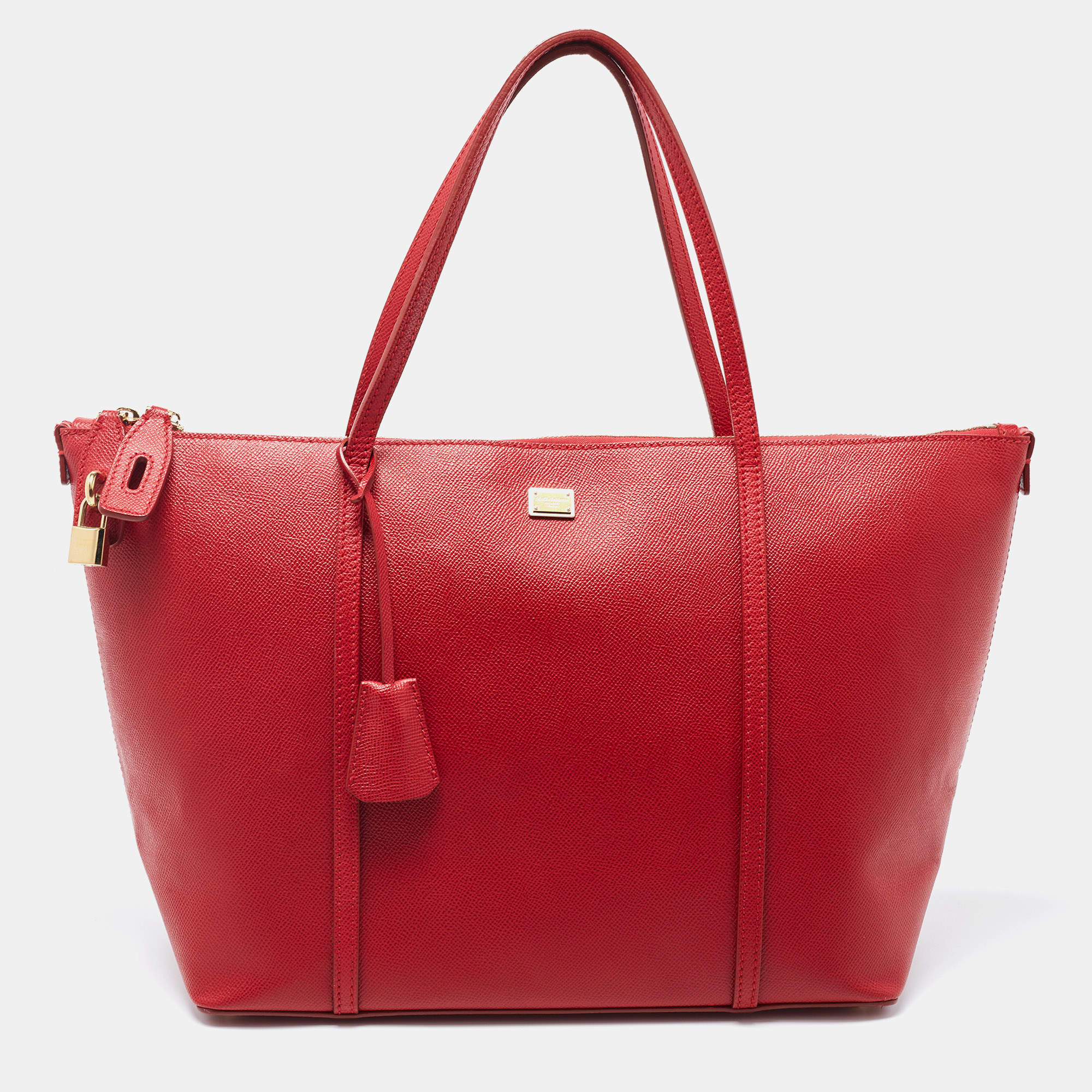 Pre Owned Dolce & Gabbana Red Leather Miss Escape Zip Tote