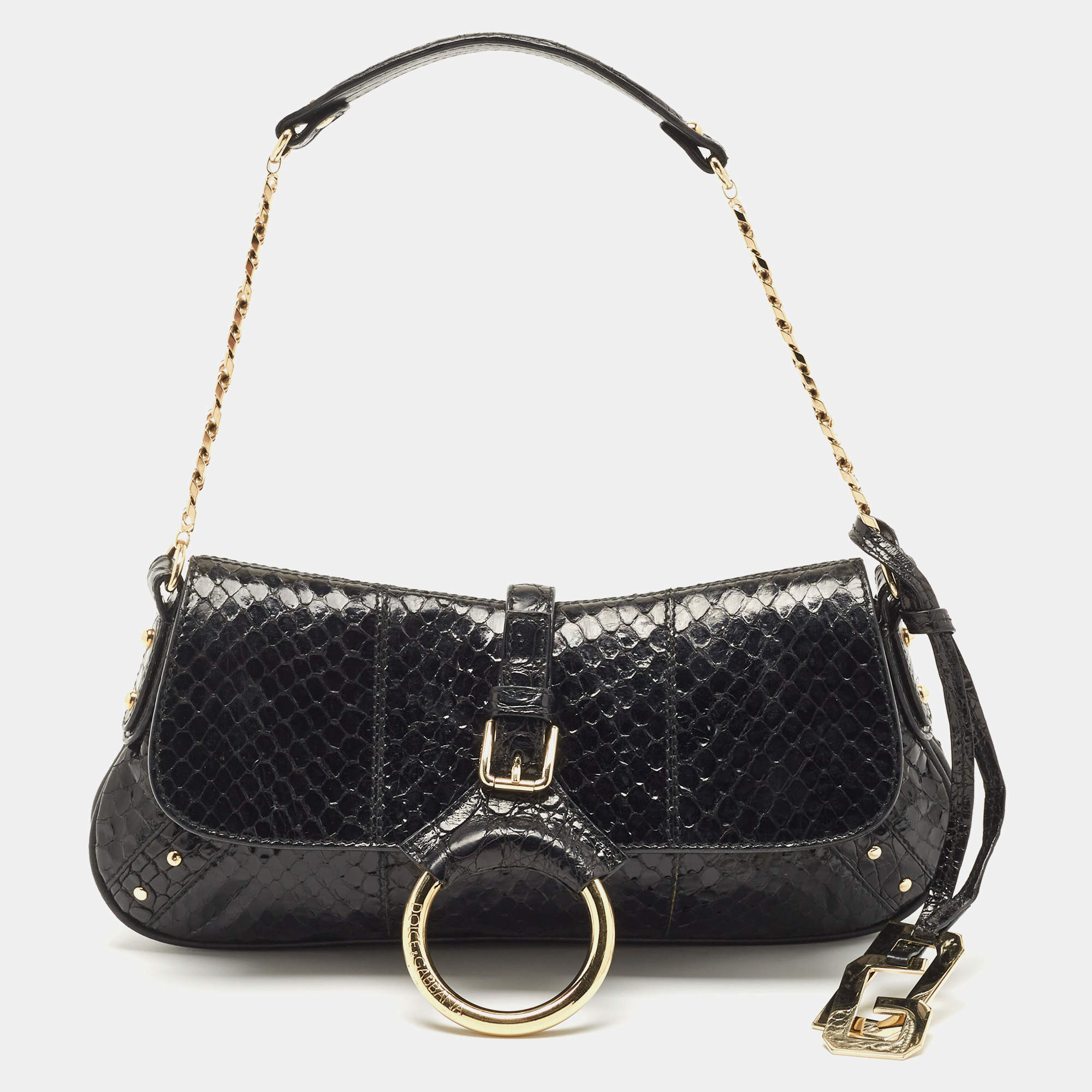 Pre Owned Dolce & Gabbana Black Python Ring Flap Shoulder Bag