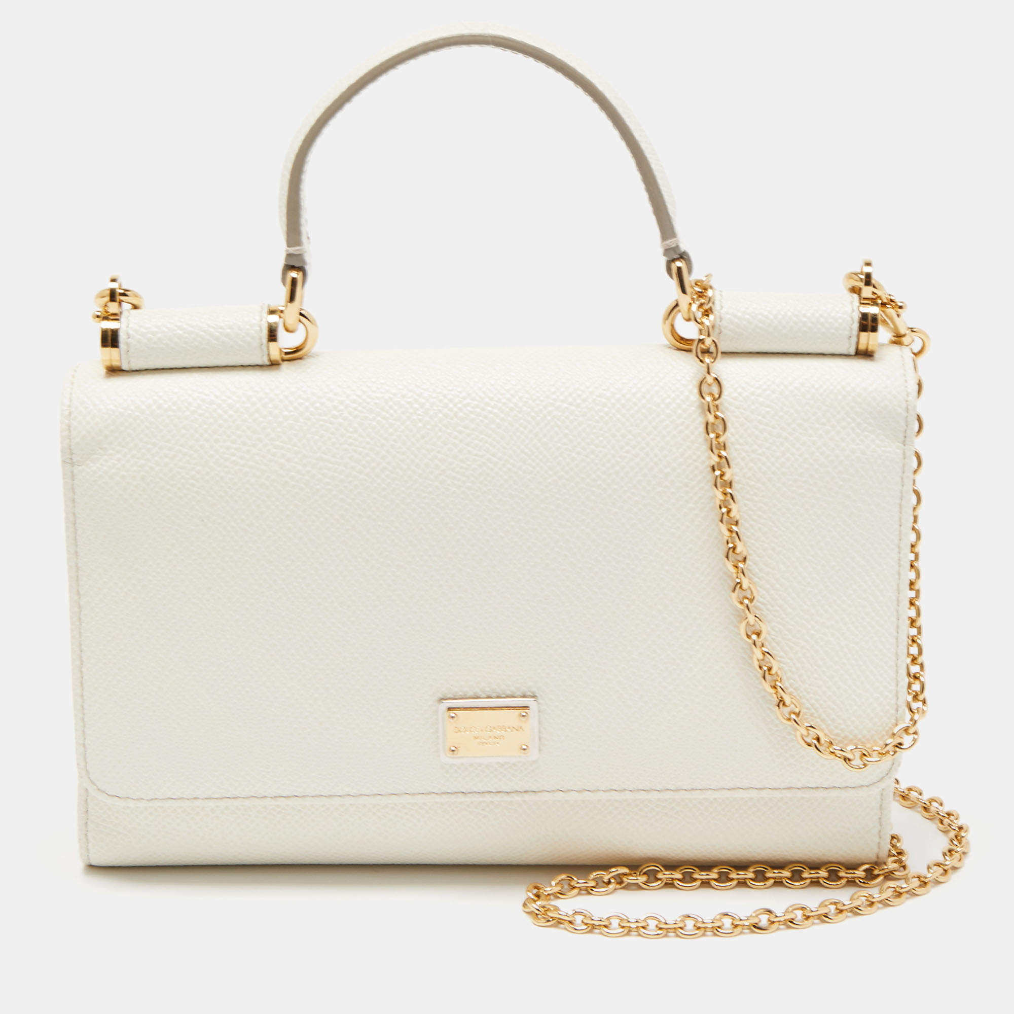 Pre Owned Dolce & Gabbana Off White Leather Miss Sicily Von Wallet on Chain