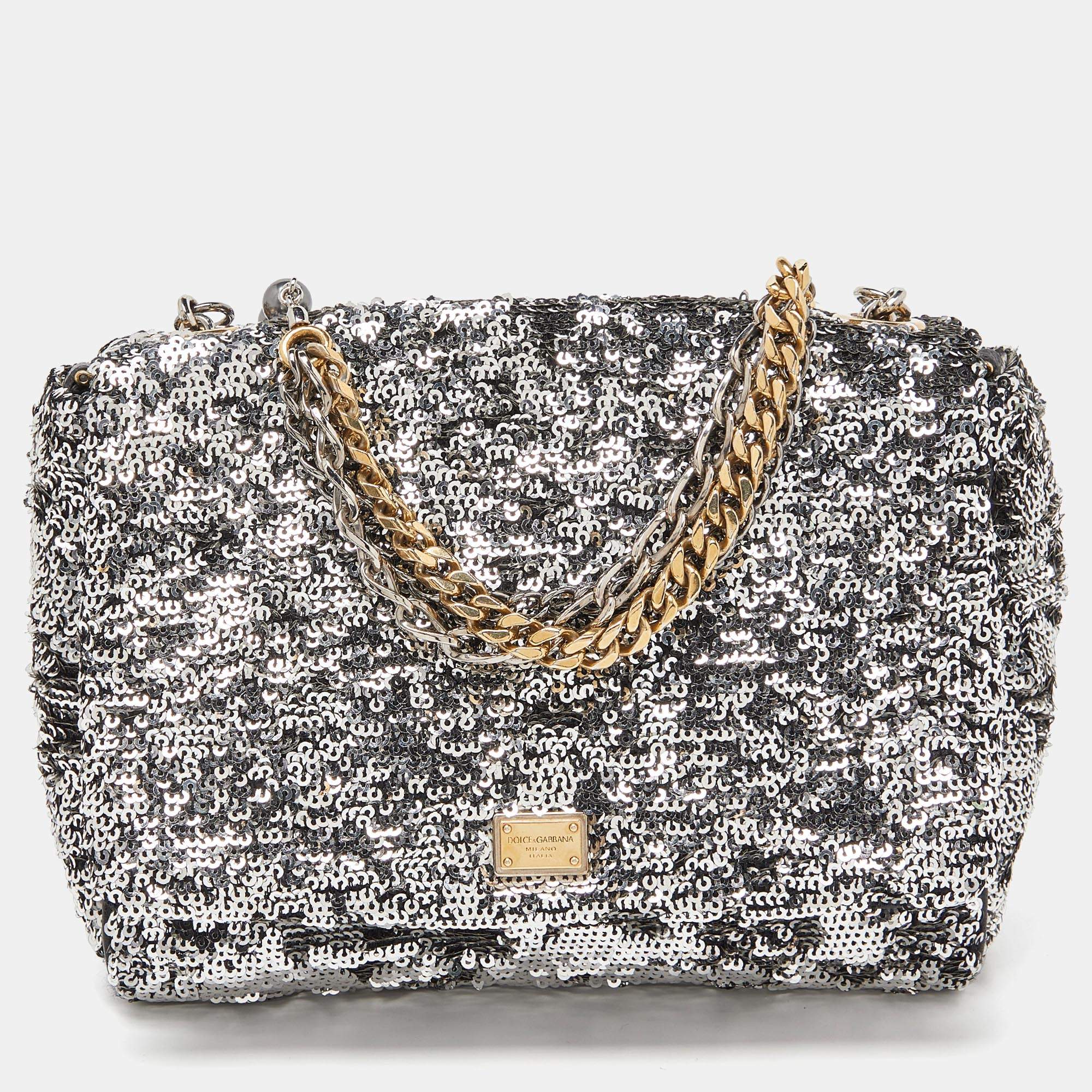 مملوكة مسبقًا Dolce & Gabbana Silver Sequin and Leather Miss Charles Shoulder Bag