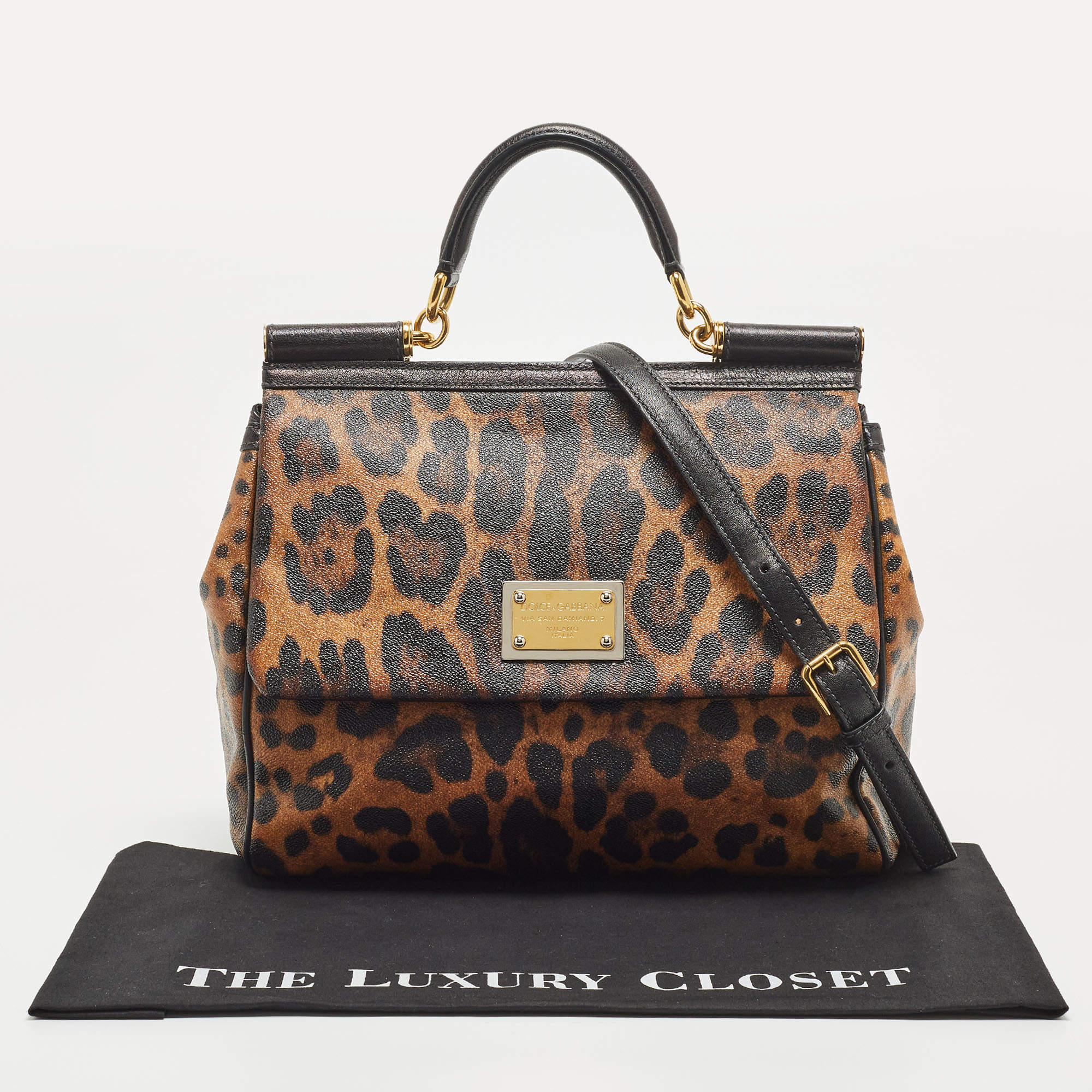 Dolce & Gabbana Grey/Black Leopard Print Coated Canvas And Leather Large  Miss Sicily Top Handle Bag Dolce & Gabbana