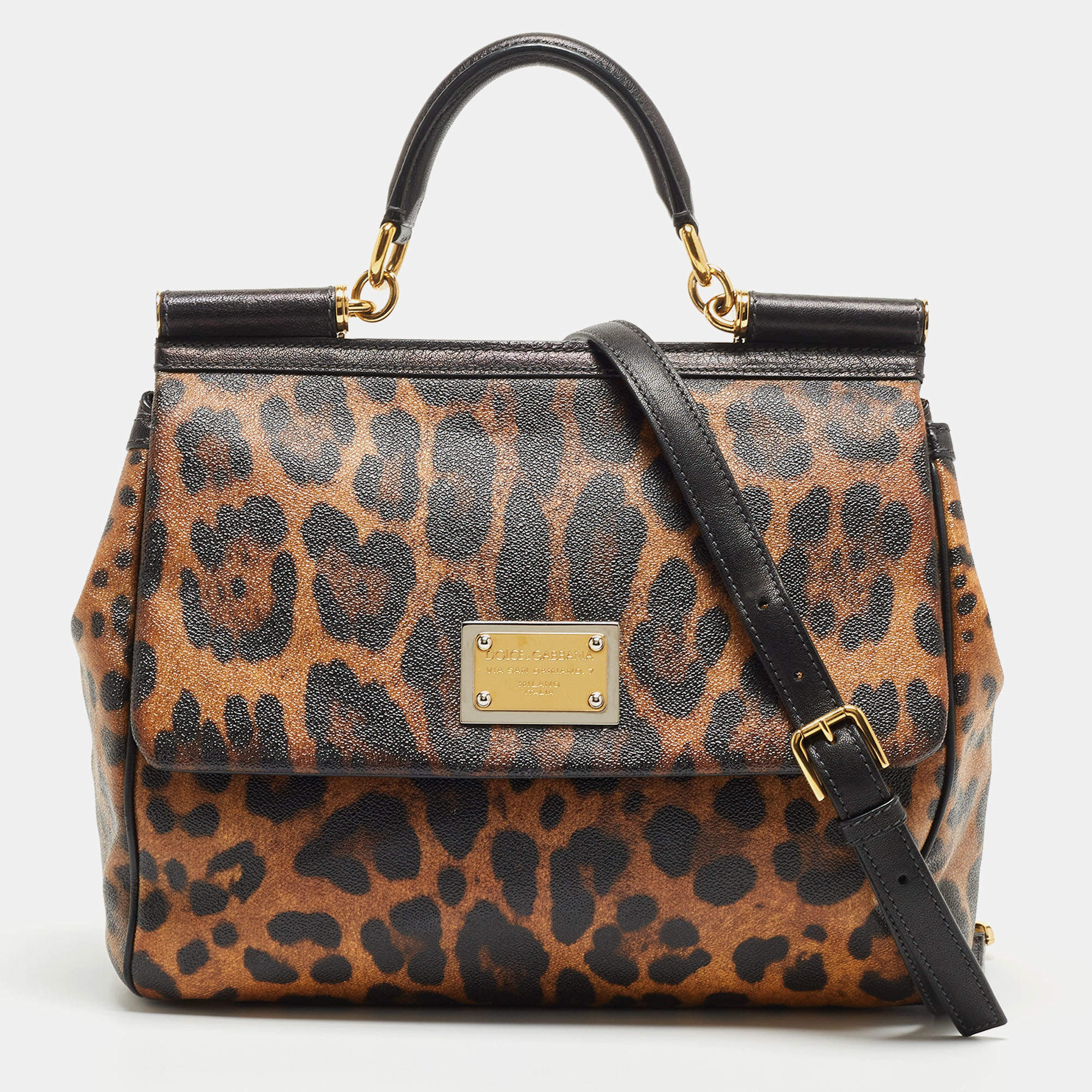 Pre Owned Dolce & Gabbana Black/Brown Leopard Print Coated Canvas Large Miss Sicily Top Handle Bag