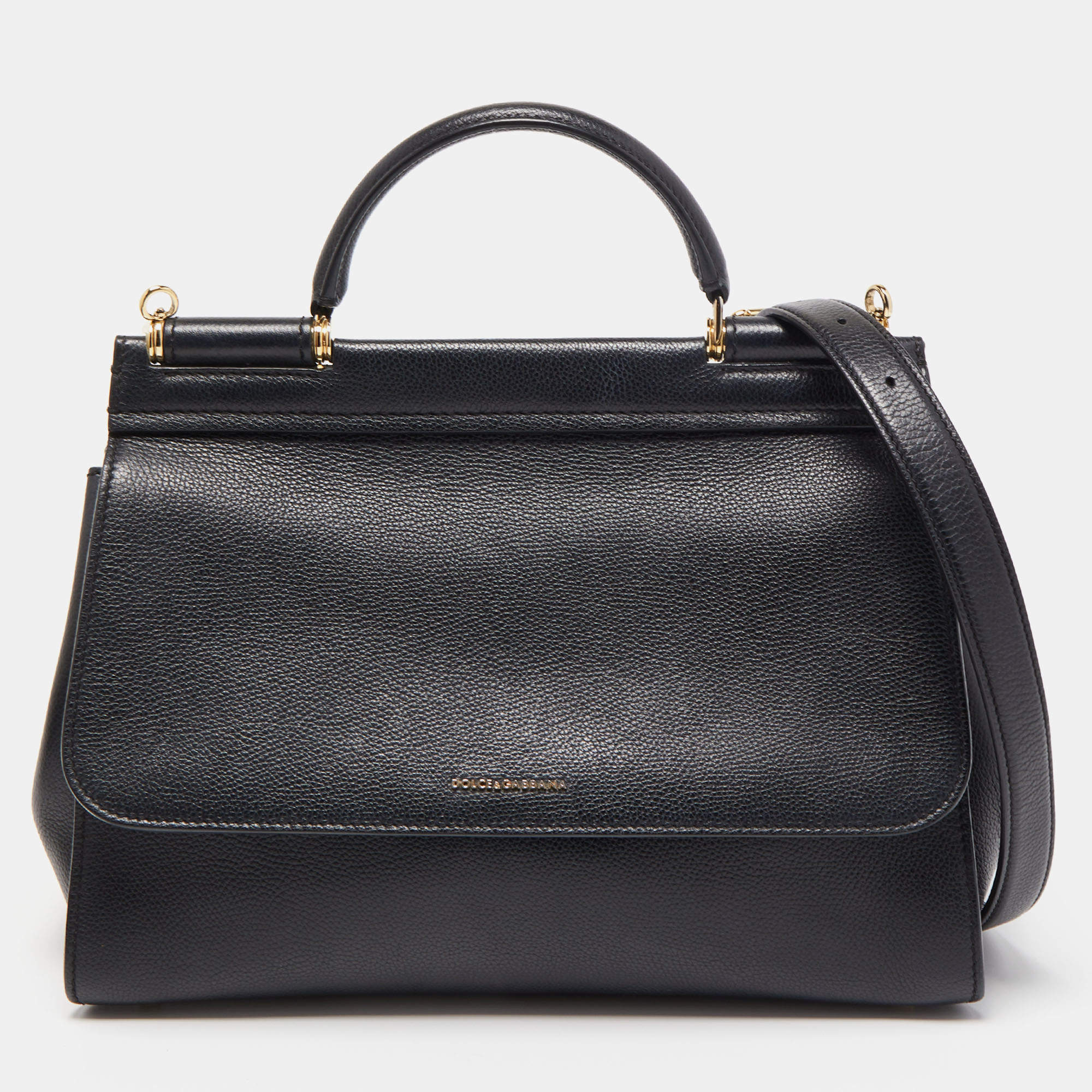Pre Owned Dolce & Gabbana Black Leather Sicily Flap Top Handle Bag