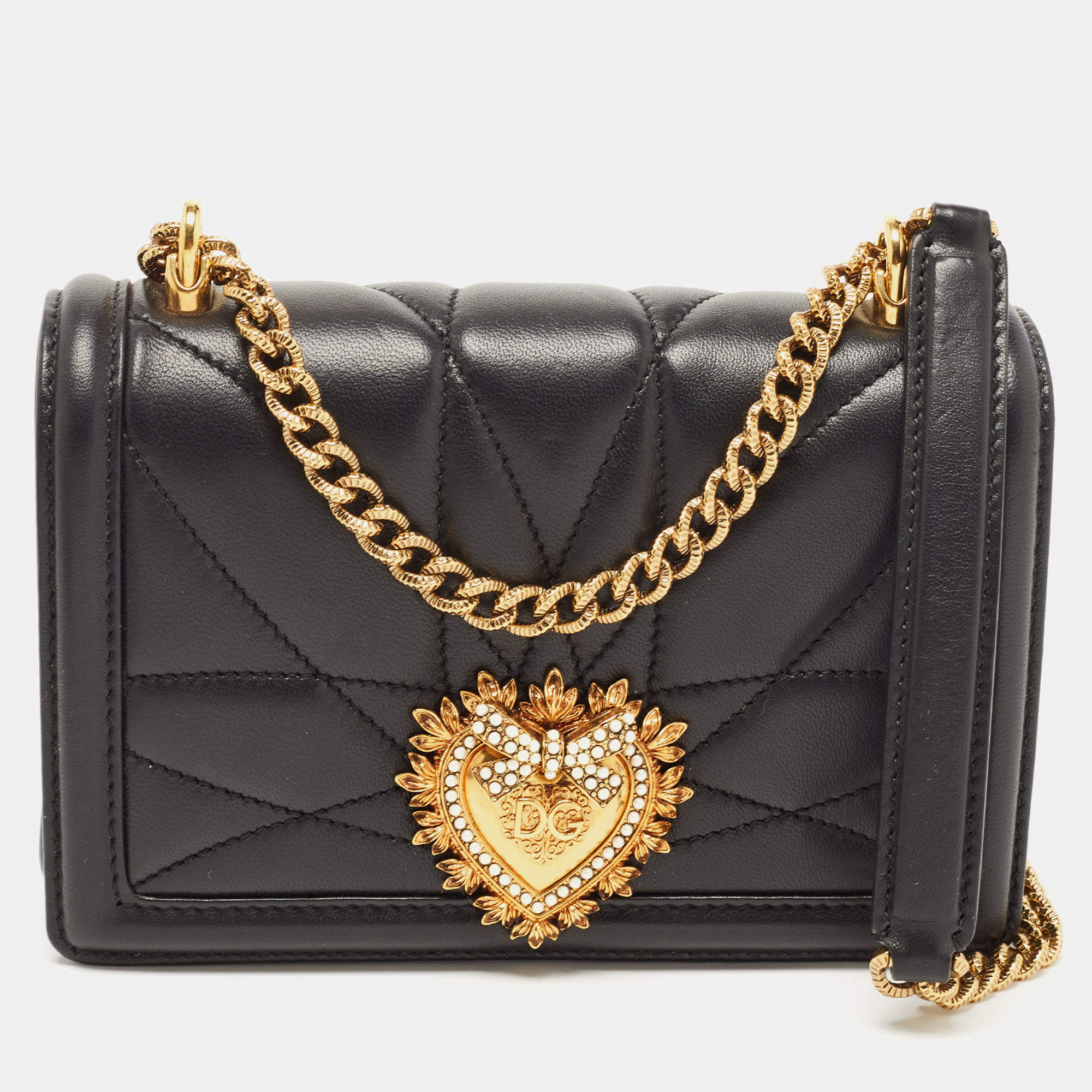 Pre Owned Dolce & Gabbana Black Leather Mini Devotion Chain Shoulder Bag