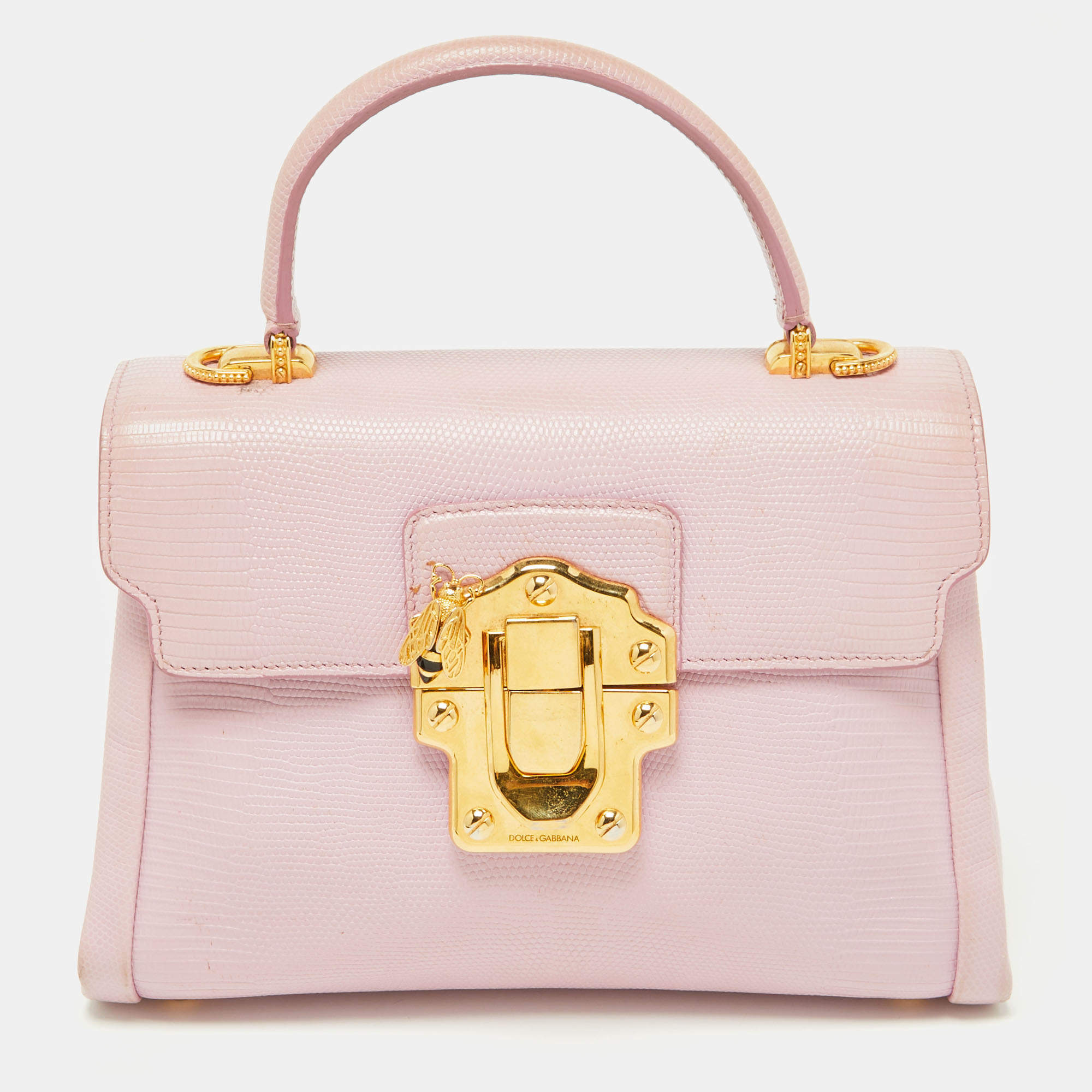 Dolce & Gabbana Lucia Shoulder Bag Lizard Embossed Leather Mini Pink