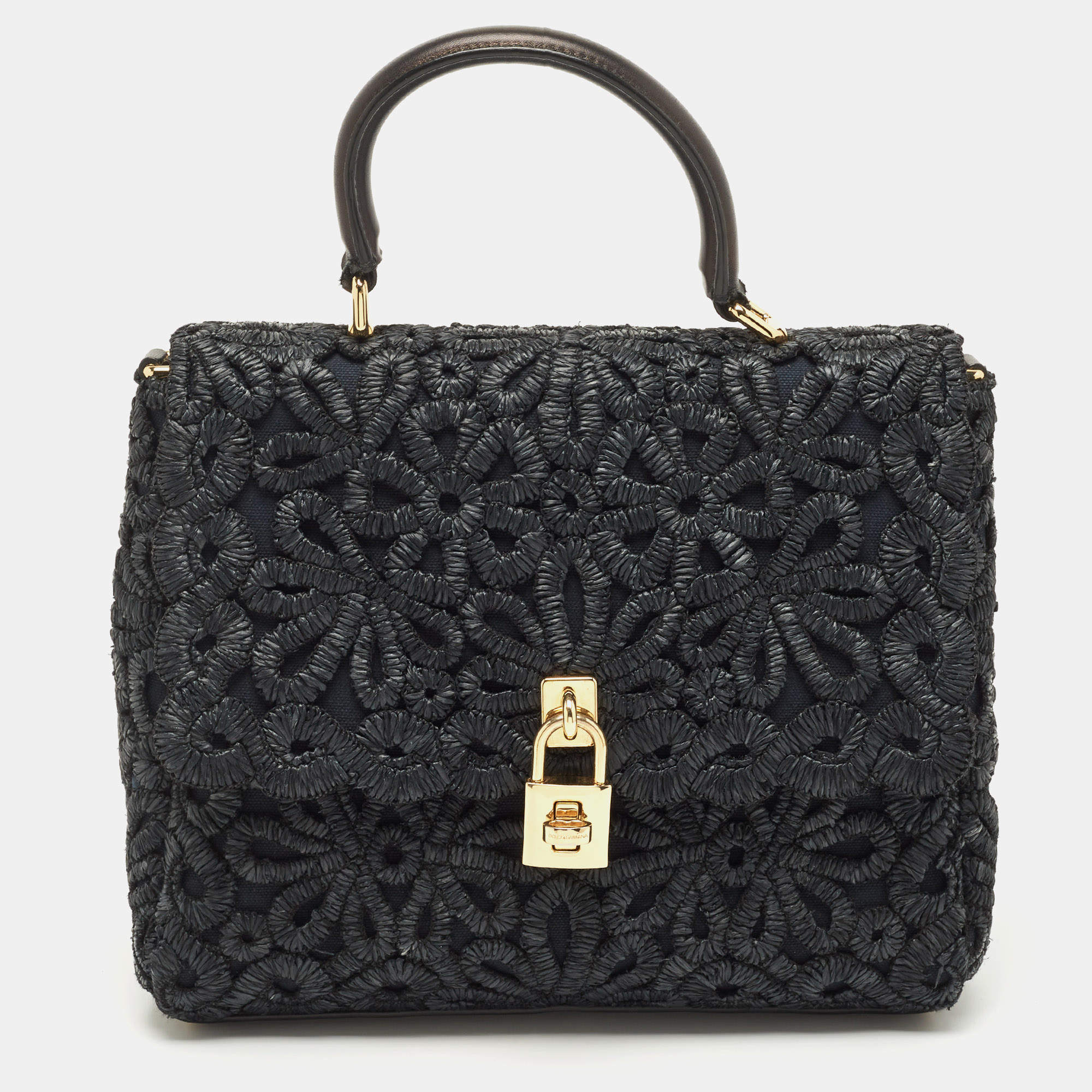 Pre Owned Dolce & Gabbana Black Straw and Leather Miss Dolce Top Handle Bag