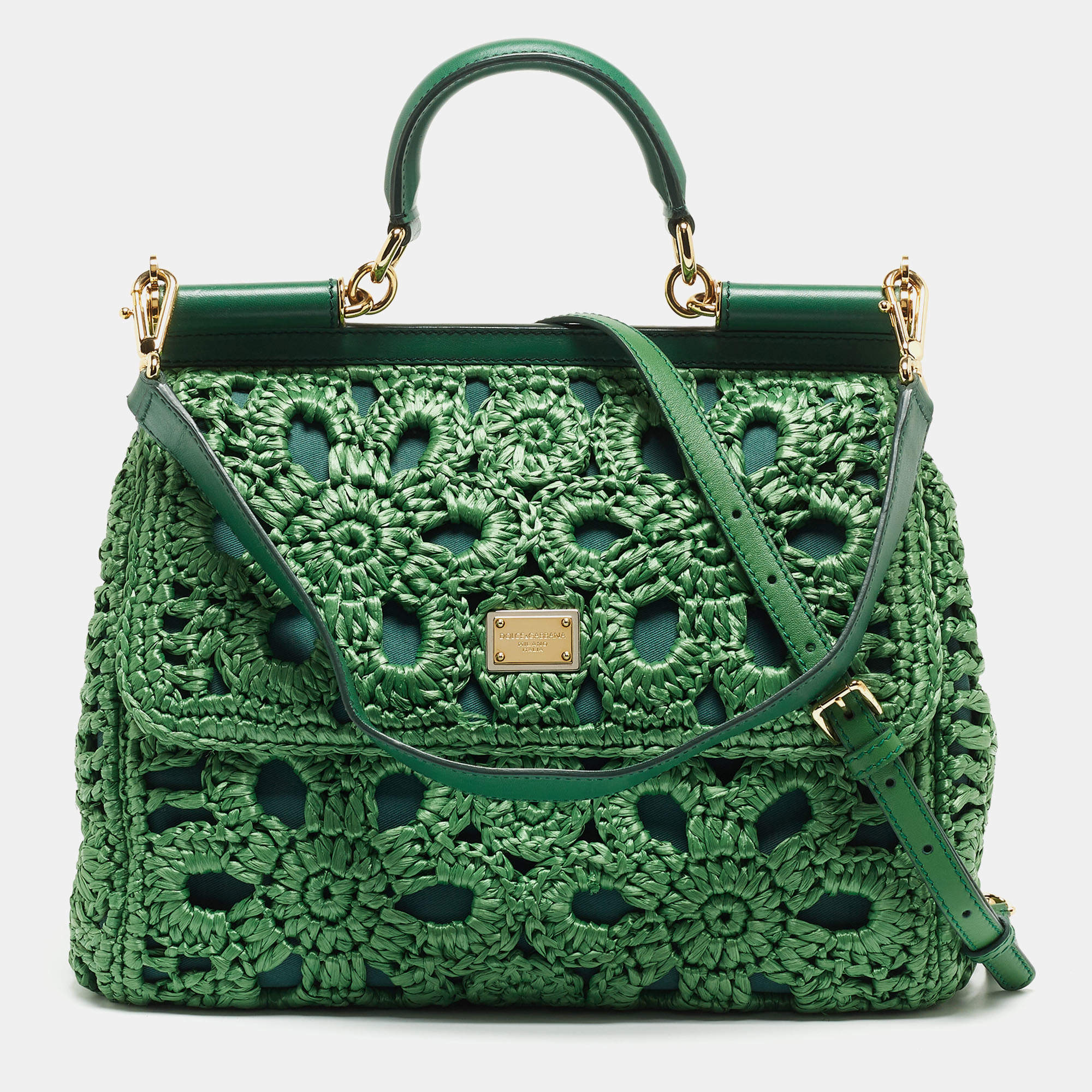 Pre Owned Dolce & Gabbana Green Straw Crochet Large Miss Sicily Top Handle Bag