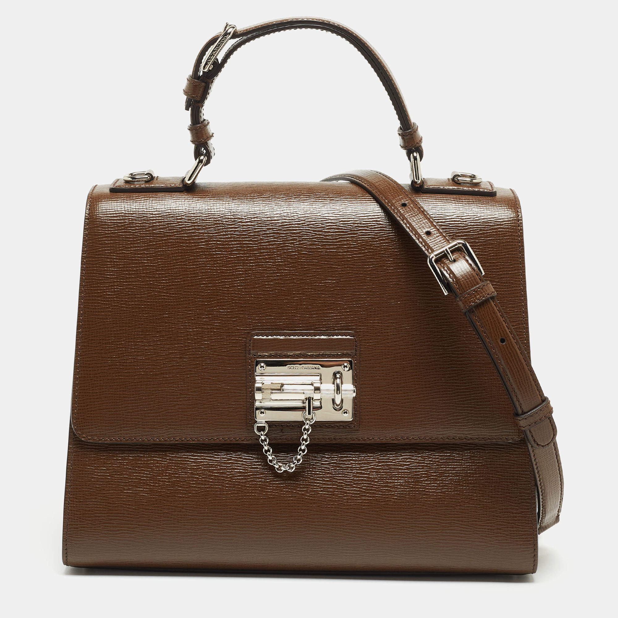 Pre Owned Dolce & Gabbana Brown Leather Large Miss Monica Top Handle Bag