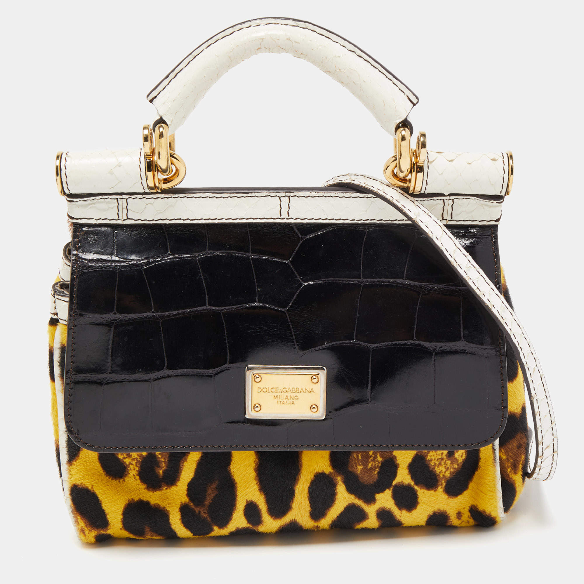 Pre Owned Dolce & Gabbana Multicolor Leopard Calfhair, Croc and Python Limited Edition Small Miss Sicily Top Handle Bag