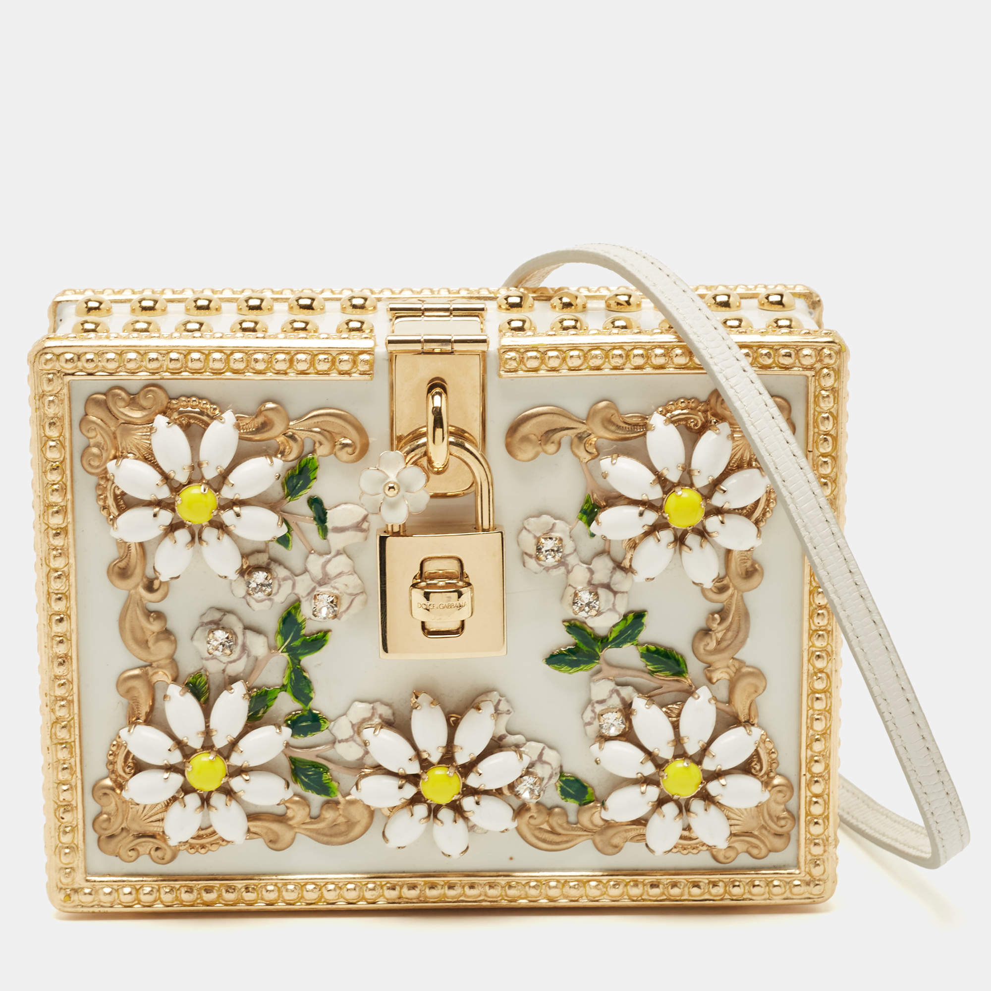 Pre Owned Dolce & Gabbana White Acrylic Crystal Embellished Box Locket Clutch Bag