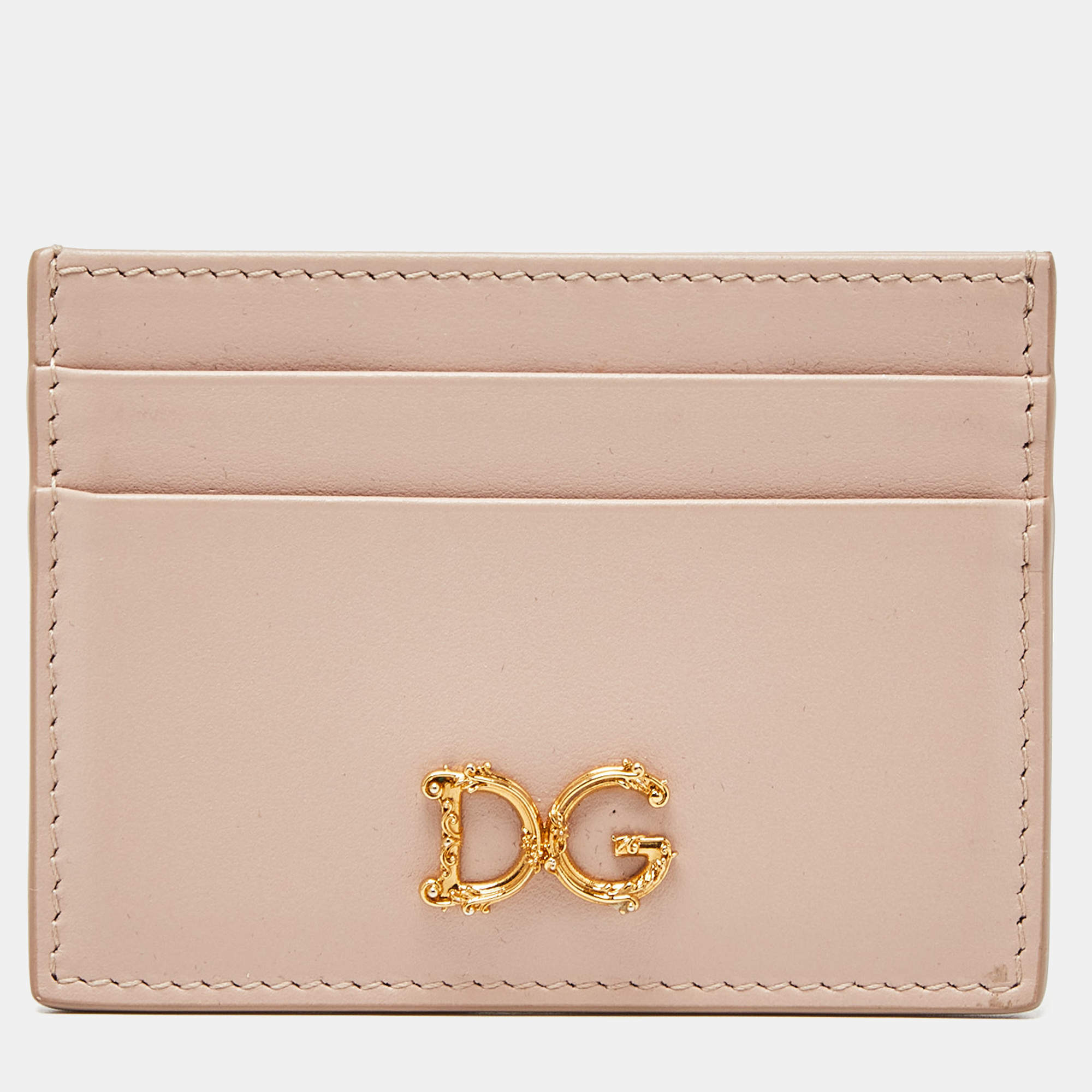 Pre Owned Dolce & Gabbana Beige Leather DG Crystal Logo Card Holder