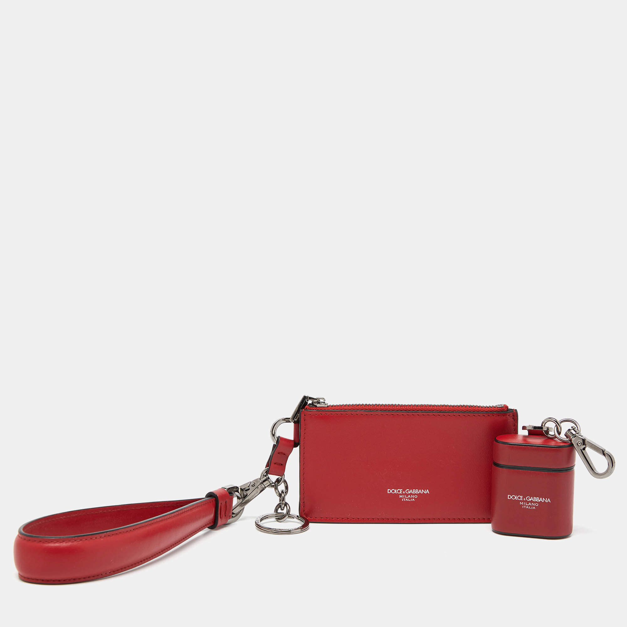 Pre Owned Dolce & Gabbana Key Red Leather Earphone Cover w/ Zip Card Holder