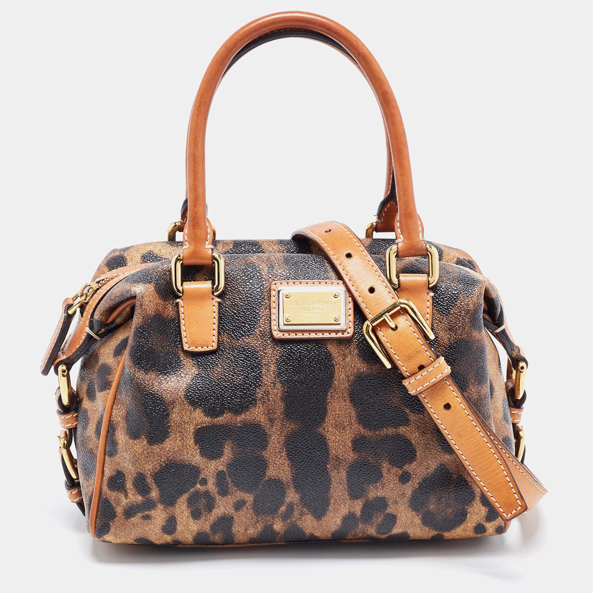 Pre Owned Dolce & Gabbana Brown Leopard Print Coated Canvas and Leather Satchel