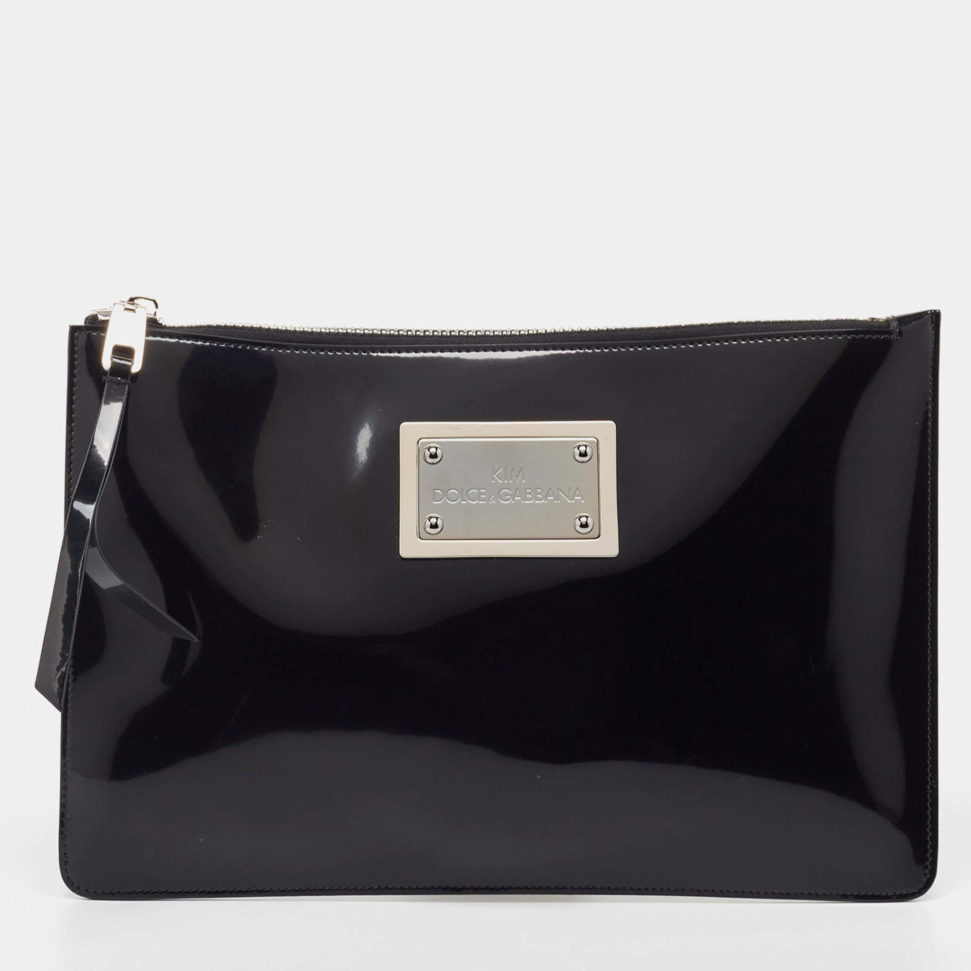 Pre Owned Dolce & Gabbana x Kim Kardashian Black Patent Leather Zip Slim Clutch
