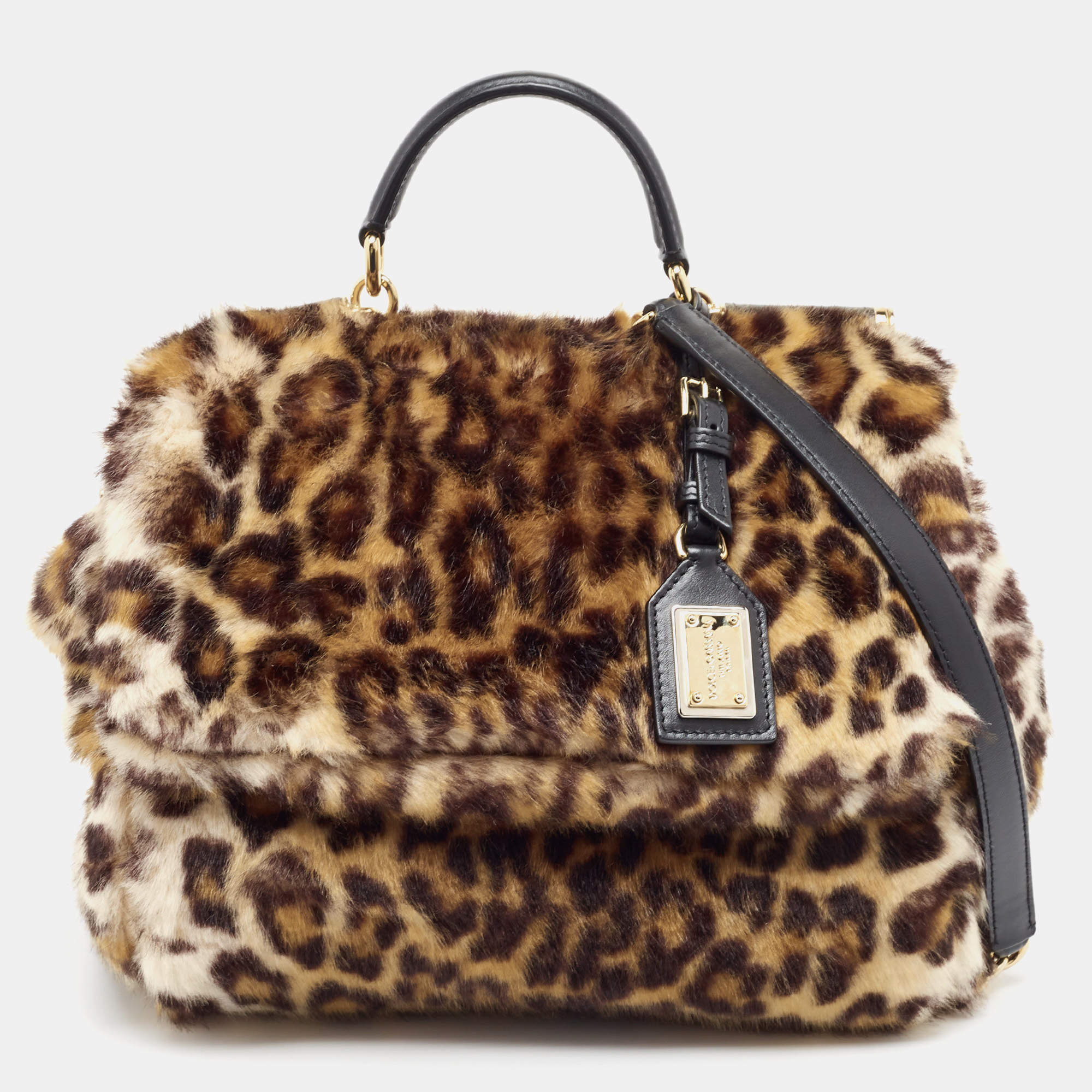 Pre Owned Dolce & Gabbana Beige/Black Leopard Print Faux Fur and Leather Medium Miss Sicily Top Handle Bag